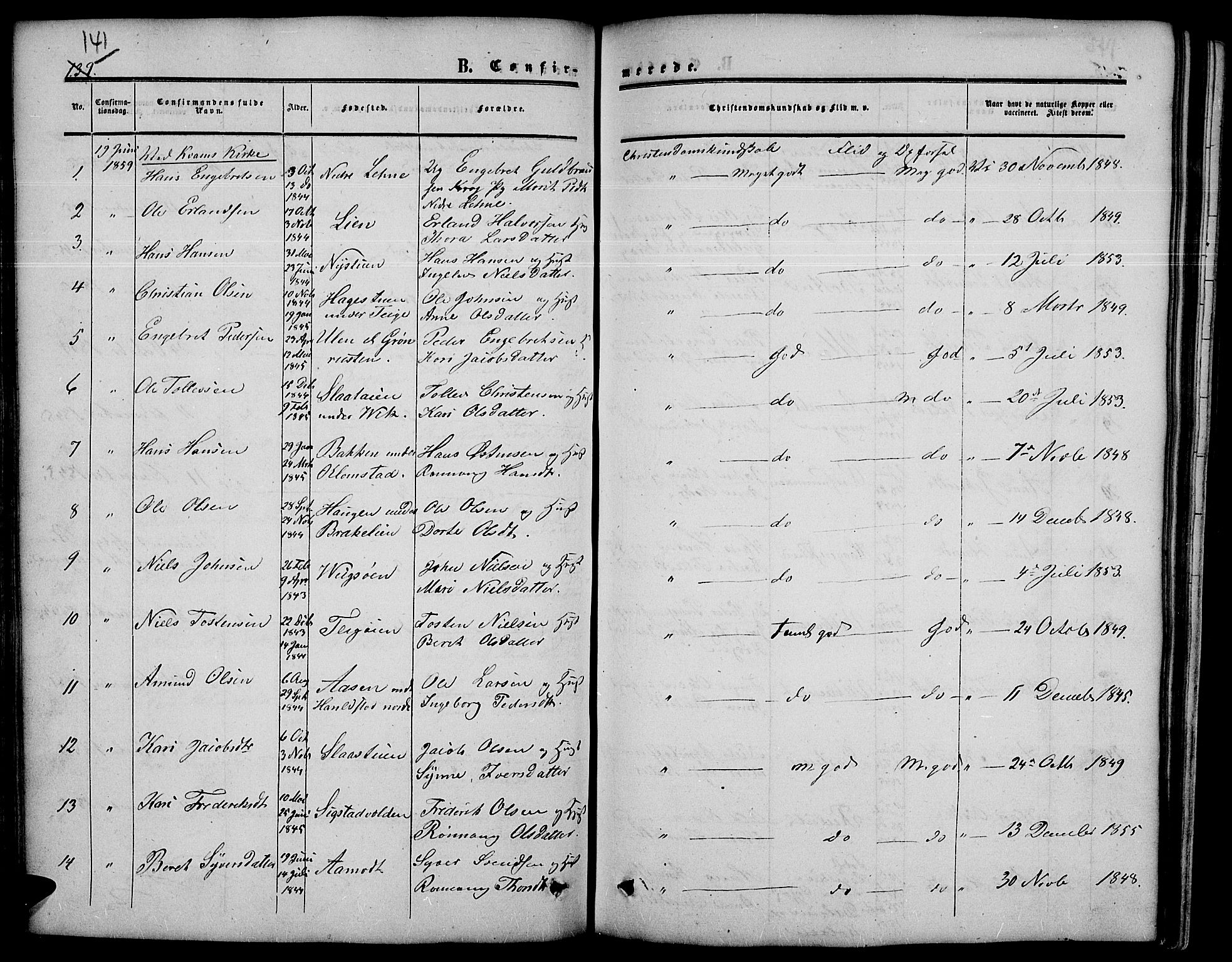 Nord-Fron prestekontor, SAH/PREST-080/H/Ha/Hab/L0003: Parish register (copy) no. 3, 1851-1886, p. 141