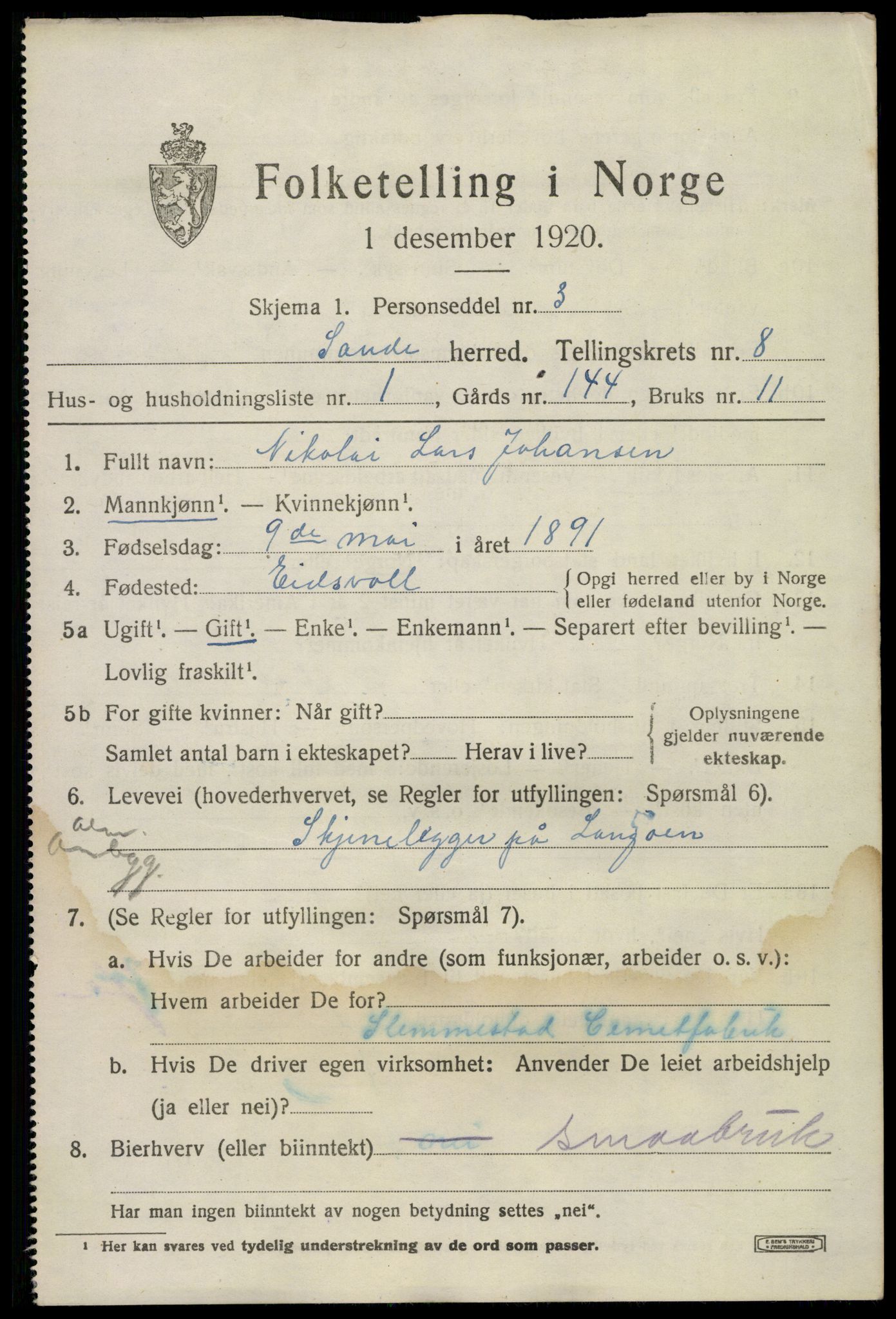 SAKO, 1920 census for Sande, 1920, p. 8960