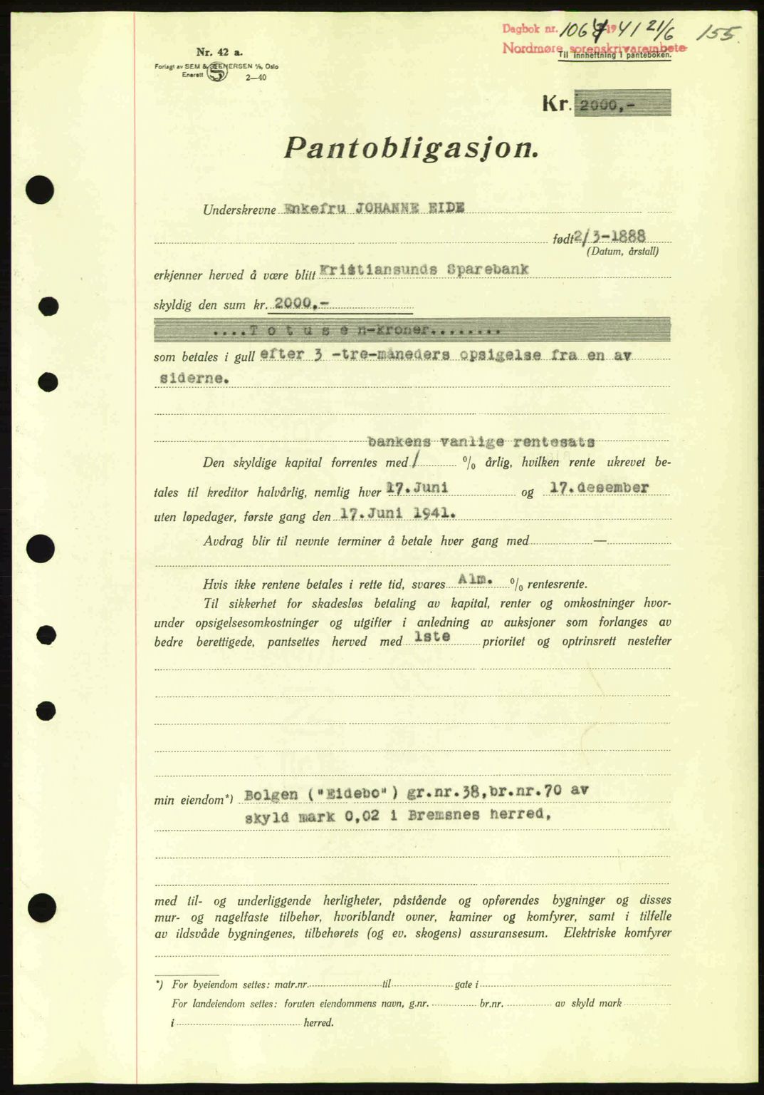 Nordmøre sorenskriveri, AV/SAT-A-4132/1/2/2Ca: Mortgage book no. B88, 1941-1942, Diary no: : 1064/1941