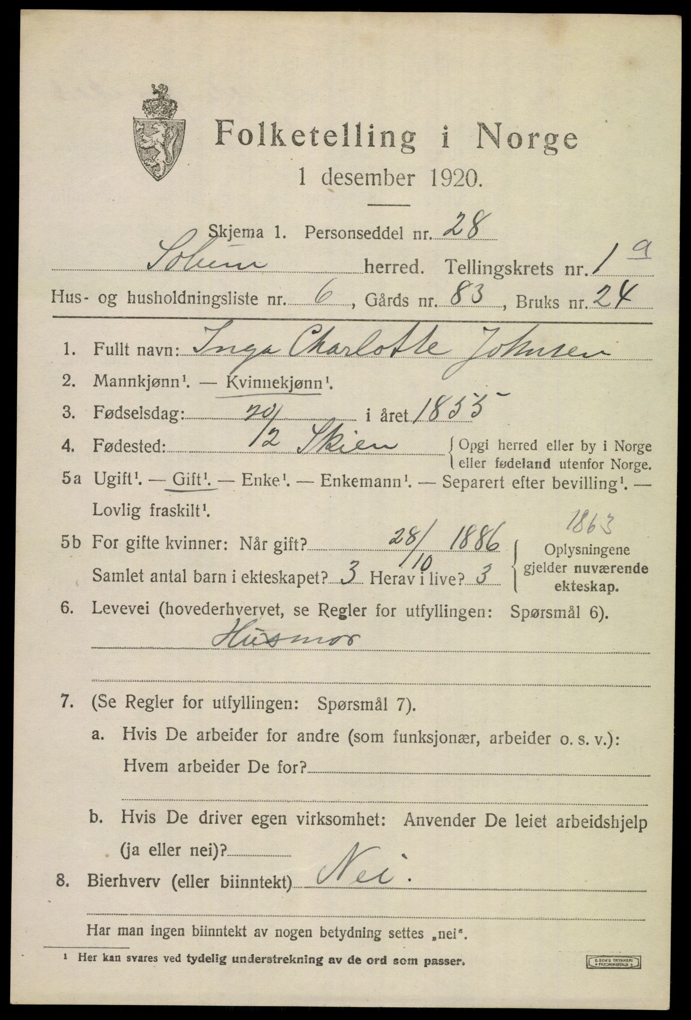 SAKO, 1920 census for Solum, 1920, p. 6528