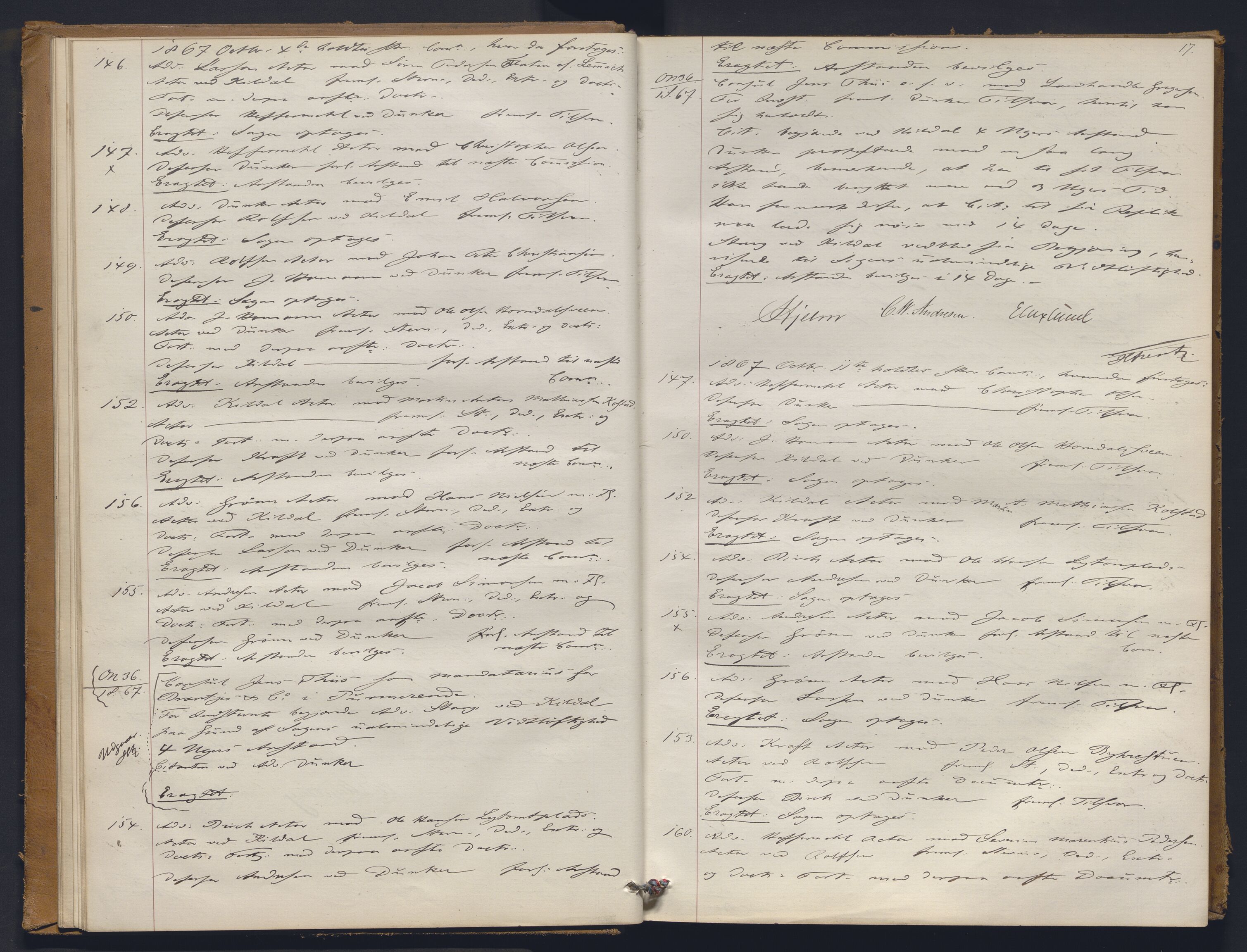 Høyesterett, AV/RA-S-1002/E/Ef/L0012: Protokoll over saker som gikk til skriftlig behandling, 1867-1873, p. 16b-17a