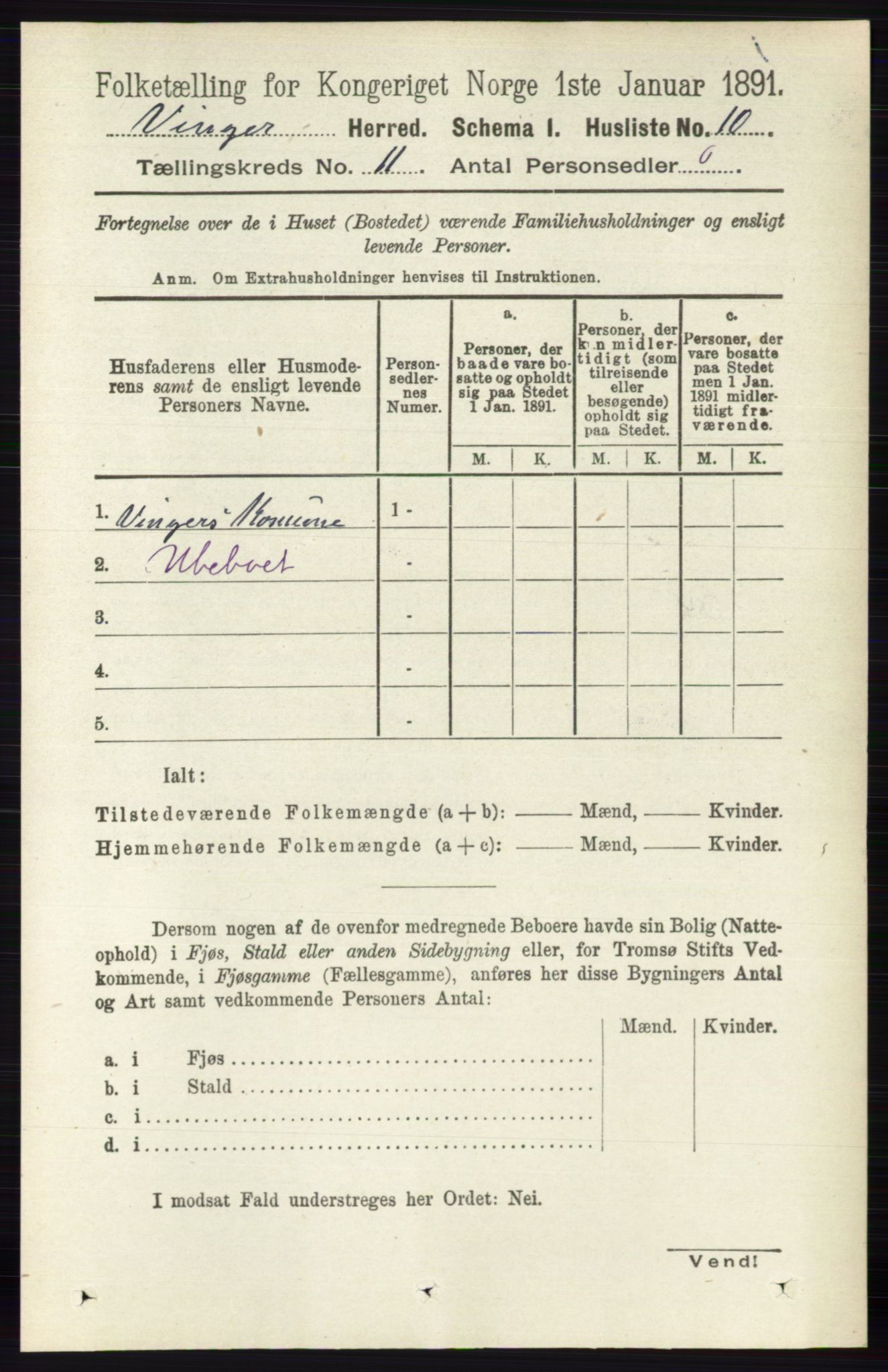 RA, 1891 census for 0421 Vinger, 1891, p. 5291