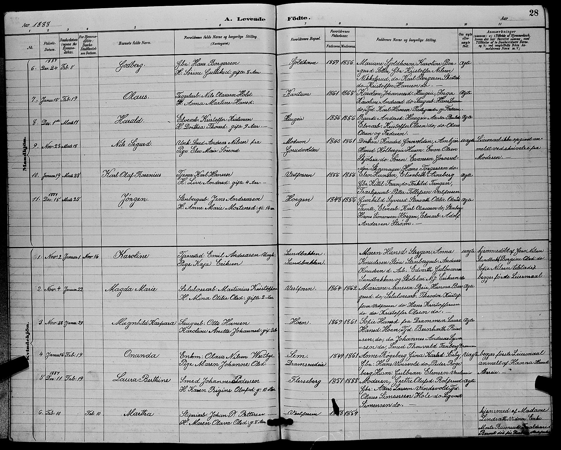 Eiker kirkebøker, SAKO/A-4/G/Ga/L0006: Parish register (copy) no. I 6, 1885-1893, p. 28