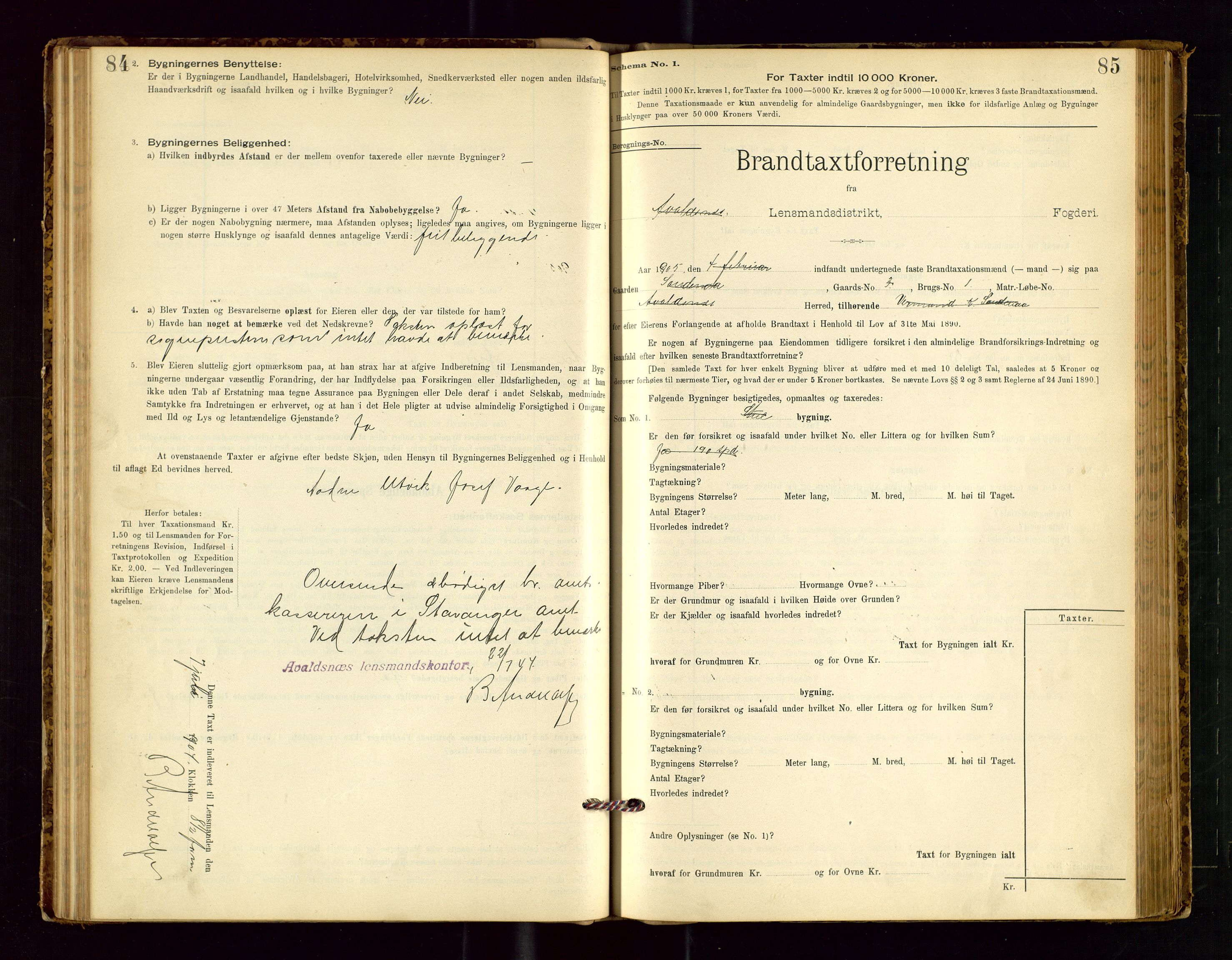 Avaldsnes lensmannskontor, SAST/A-100286/Gob/L0001: "Brandtaxationsprotokol for Avaldsnes Lensmandsdistrikt Ryfylke Fogderi", 1894-1925, p. 84-85