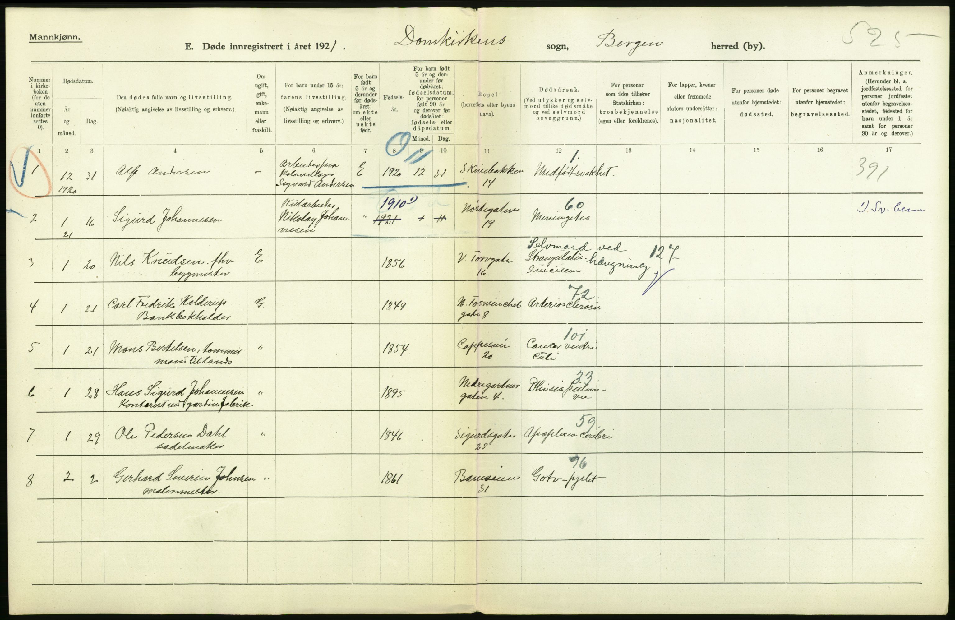 Statistisk sentralbyrå, Sosiodemografiske emner, Befolkning, AV/RA-S-2228/D/Df/Dfc/Dfca/L0036: Bergen: Døde., 1921, p. 2