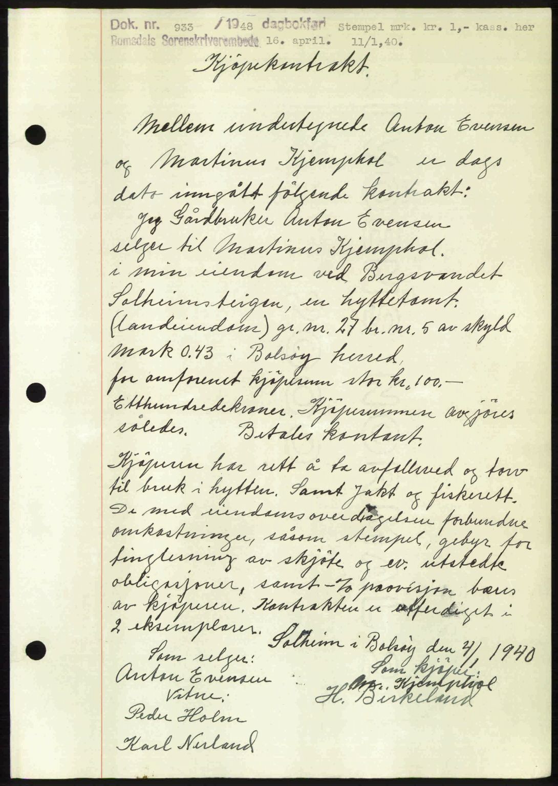 Romsdal sorenskriveri, AV/SAT-A-4149/1/2/2C: Mortgage book no. A26, 1948-1948, Diary no: : 933/1948