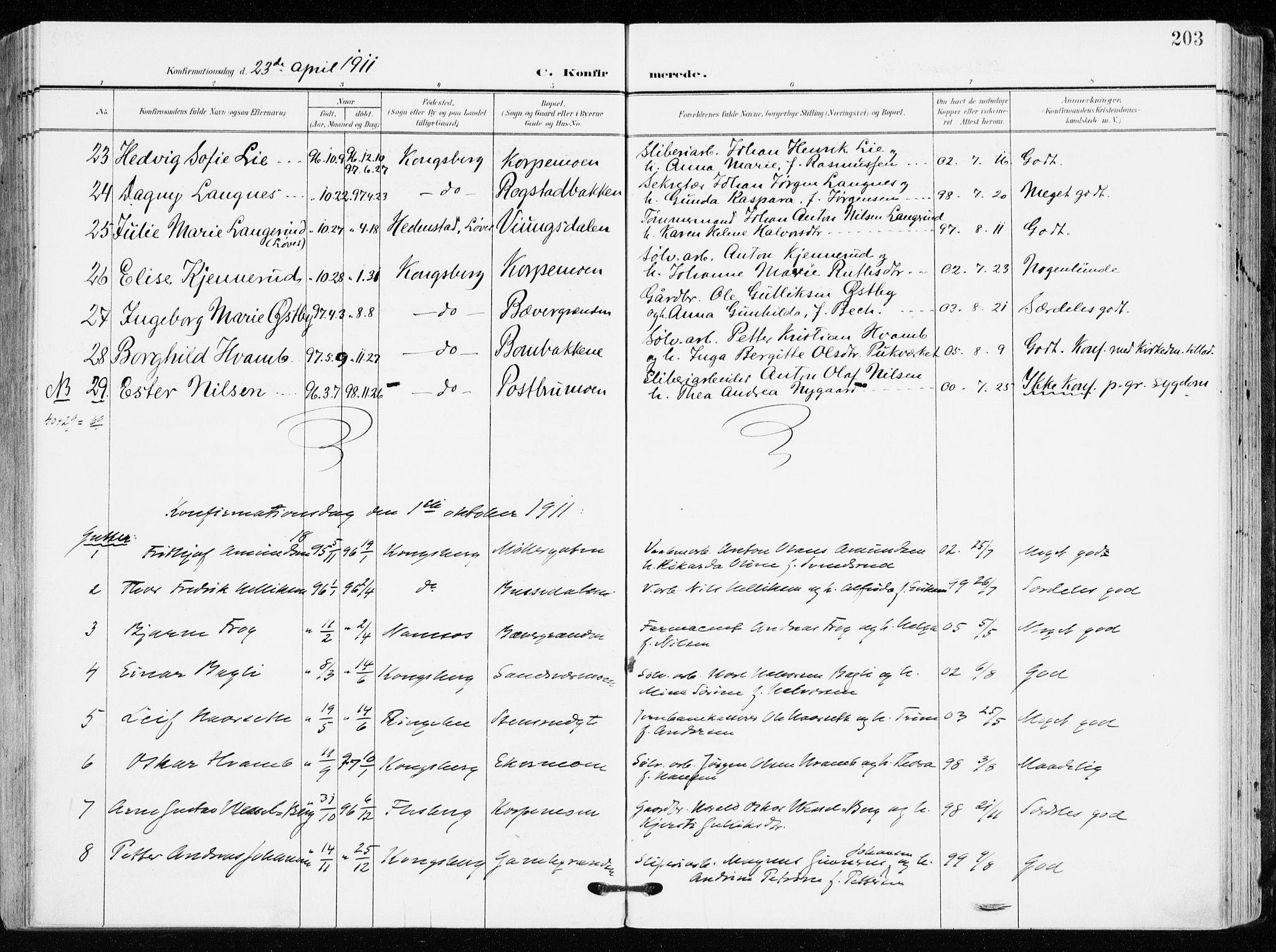 Kongsberg kirkebøker, AV/SAKO-A-22/F/Fb/L0004: Parish register (official) no. II 4, 1906-1918, p. 203