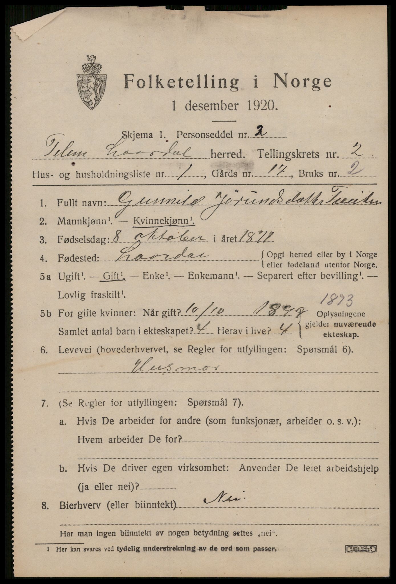 SAKO, 1920 census for Lårdal, 1920, p. 1197