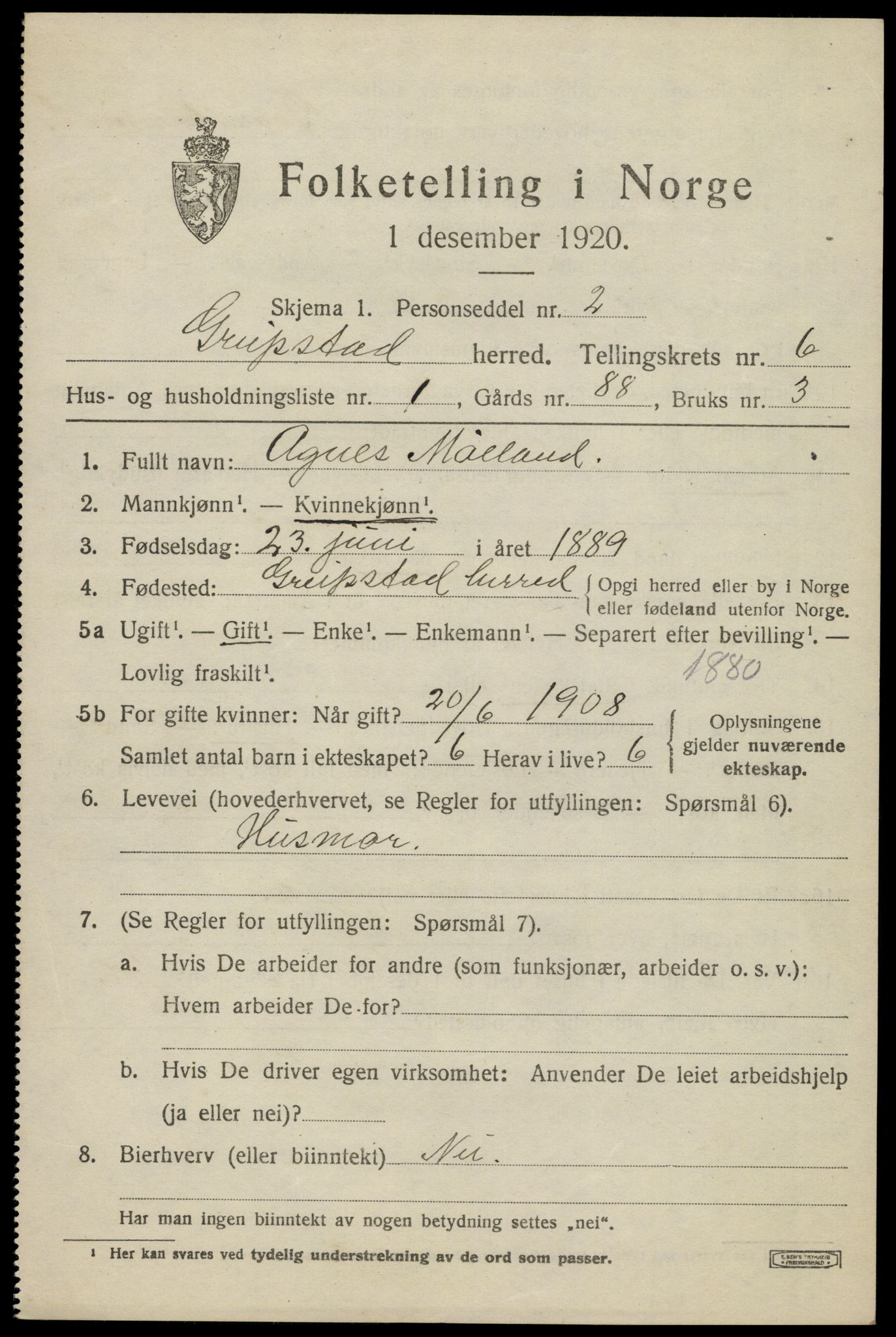 SAK, 1920 census for Greipstad, 1920, p. 1874