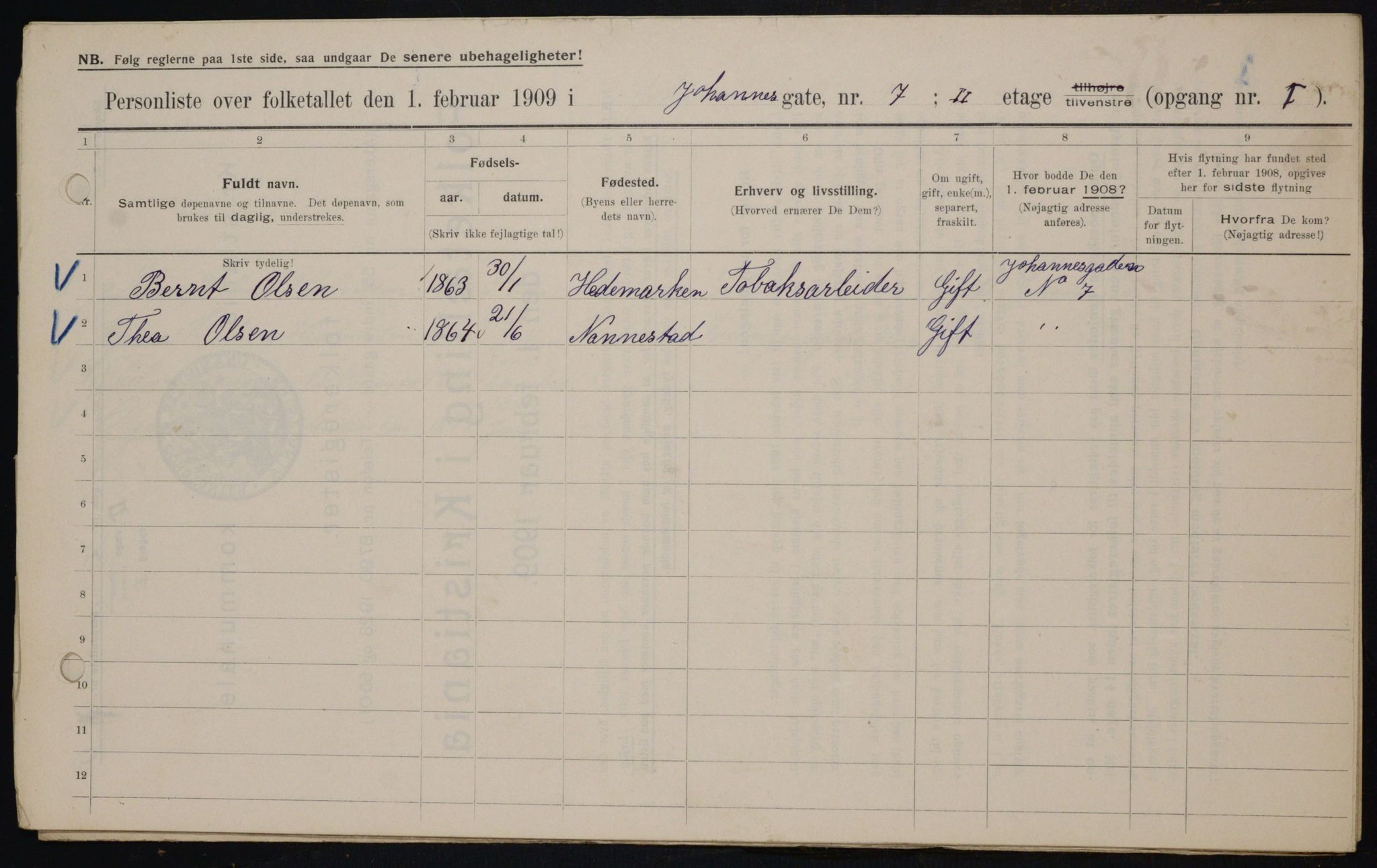 OBA, Municipal Census 1909 for Kristiania, 1909, p. 43109