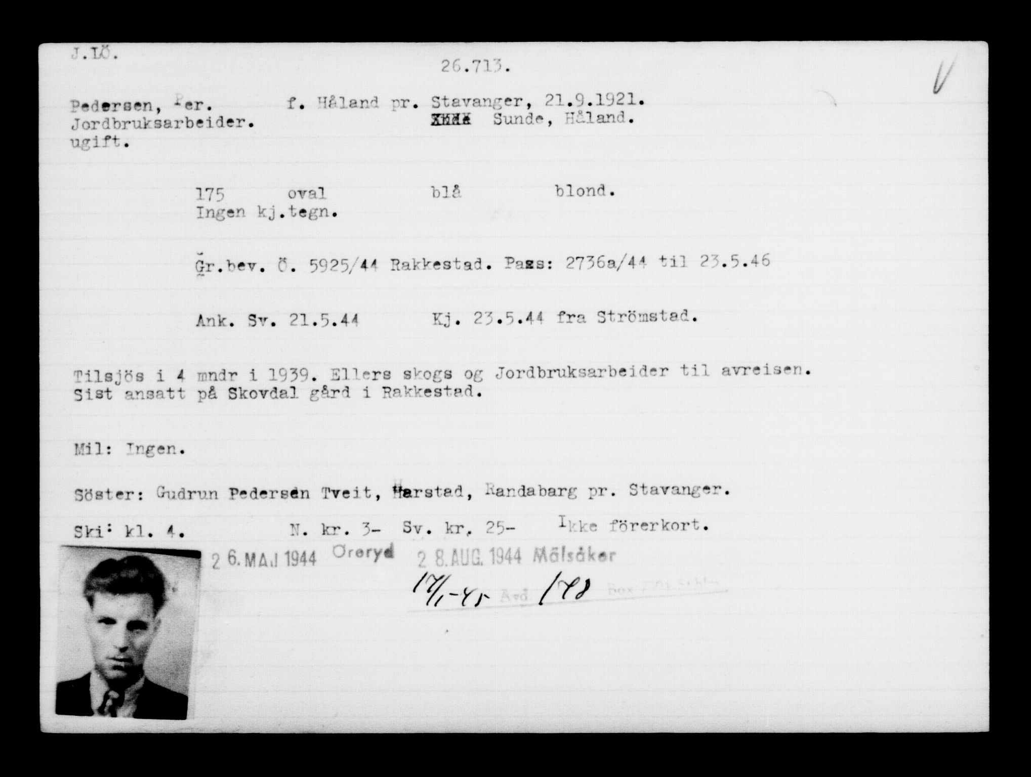 Den Kgl. Norske Legasjons Flyktningskontor, AV/RA-S-6753/V/Va/L0011: Kjesäterkartoteket.  Flyktningenr. 25300-28349, 1940-1945, p. 1486