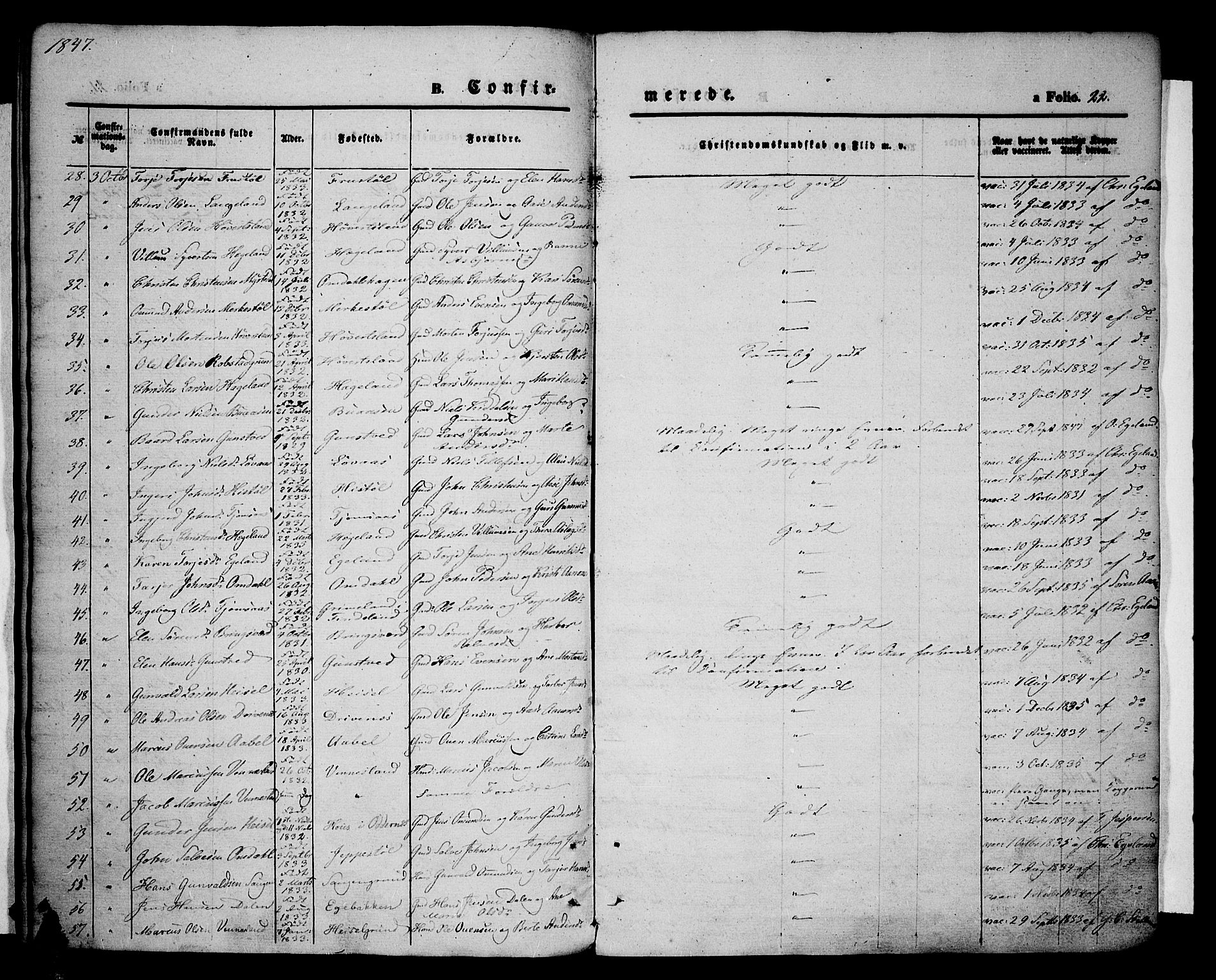 Vennesla sokneprestkontor, AV/SAK-1111-0045/Fa/Fac/L0005: Parish register (official) no. A 5, 1844-1855, p. 22