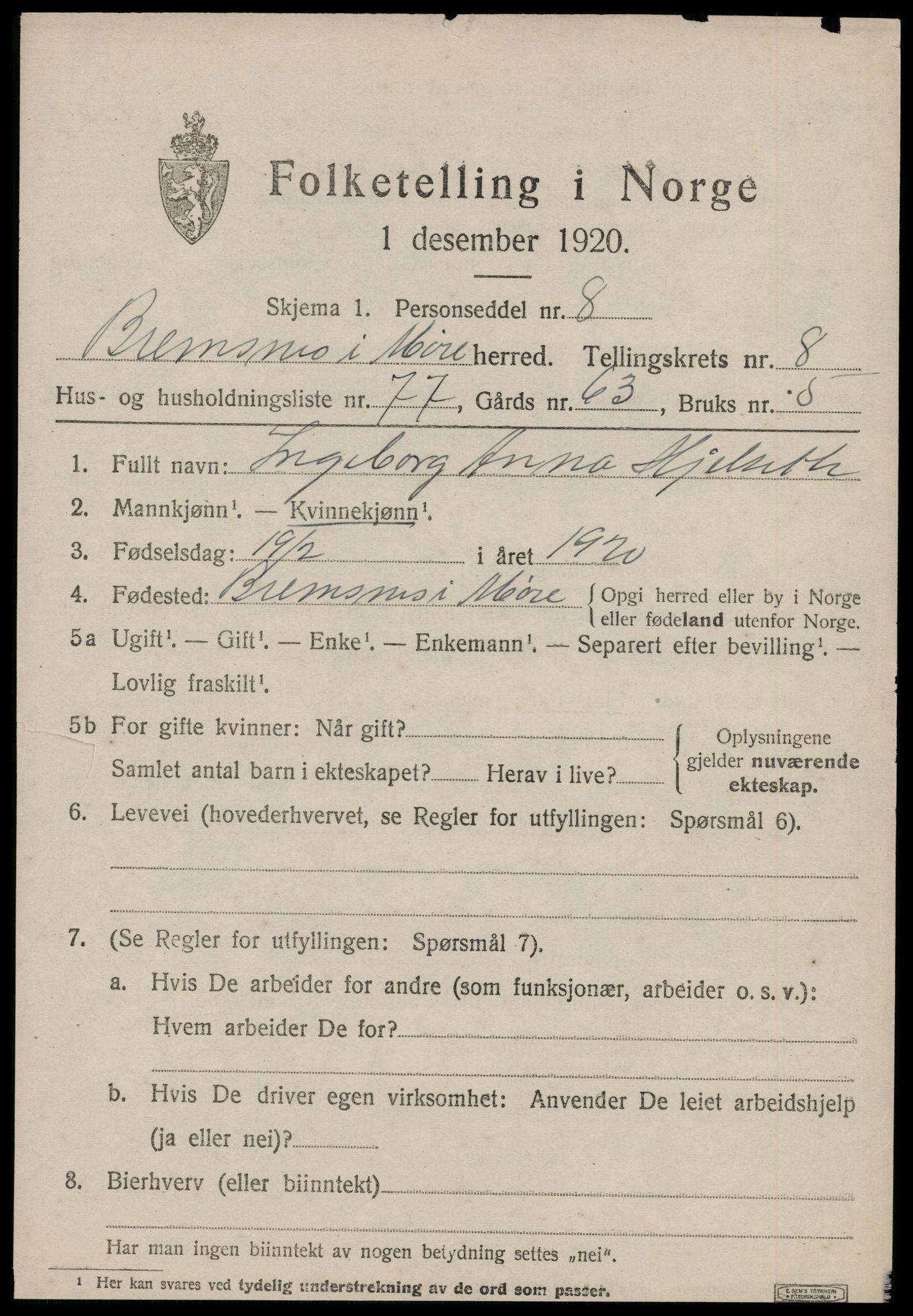 SAT, 1920 census for Bremsnes, 1920, p. 7825