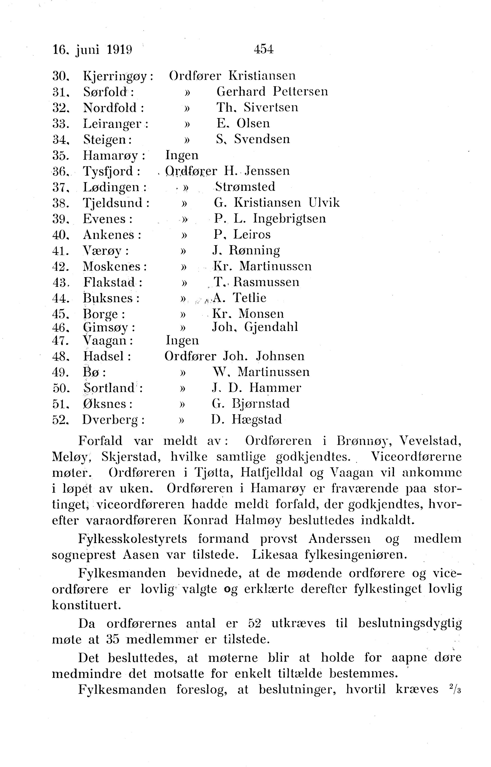 Nordland Fylkeskommune. Fylkestinget, AIN/NFK-17/176/A/Ac/L0042: Fylkestingsforhandlinger 1919, 1919