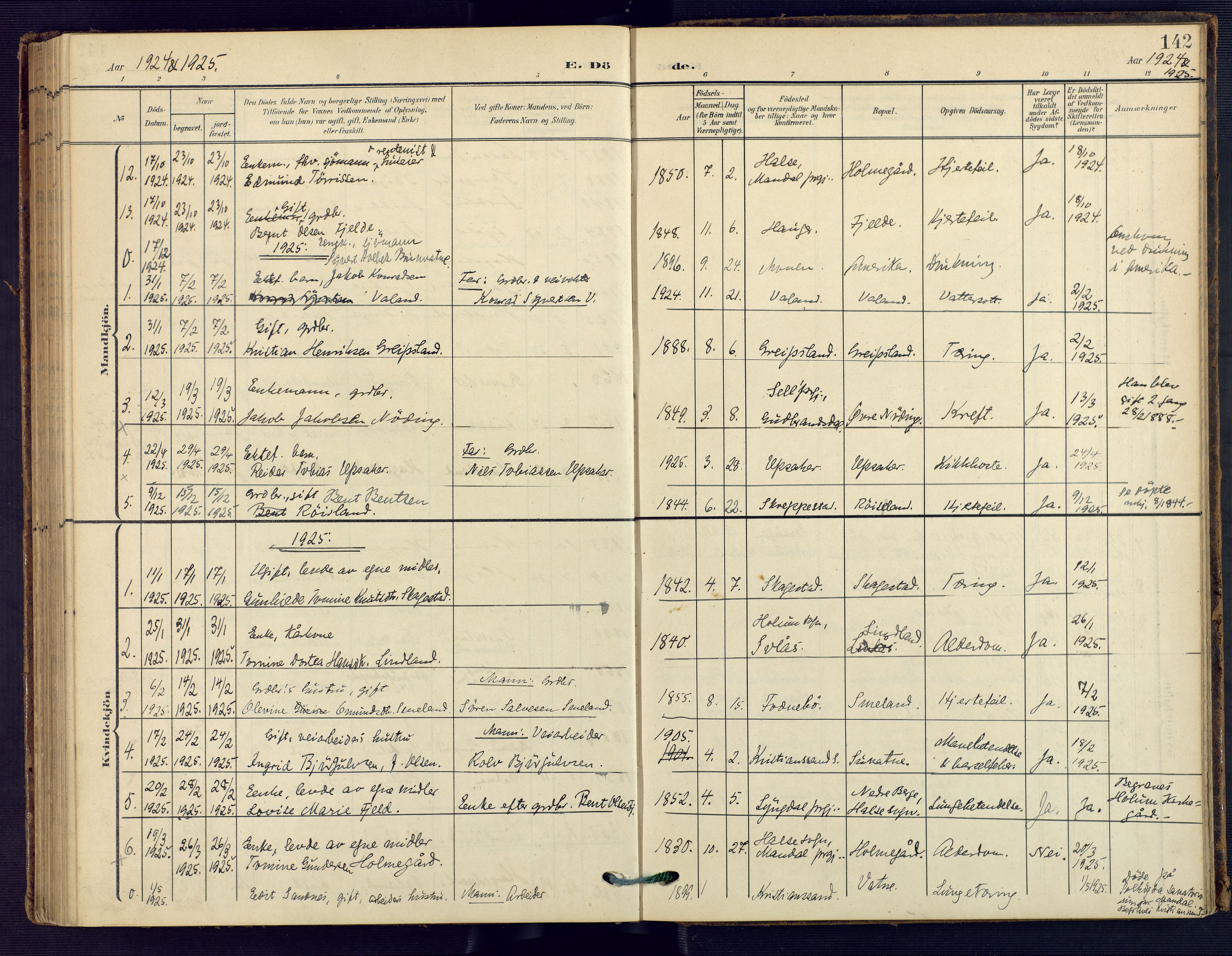 Holum sokneprestkontor, SAK/1111-0022/F/Fa/Faa/L0008: Parish register (official) no. A 8, 1908-1929, p. 142