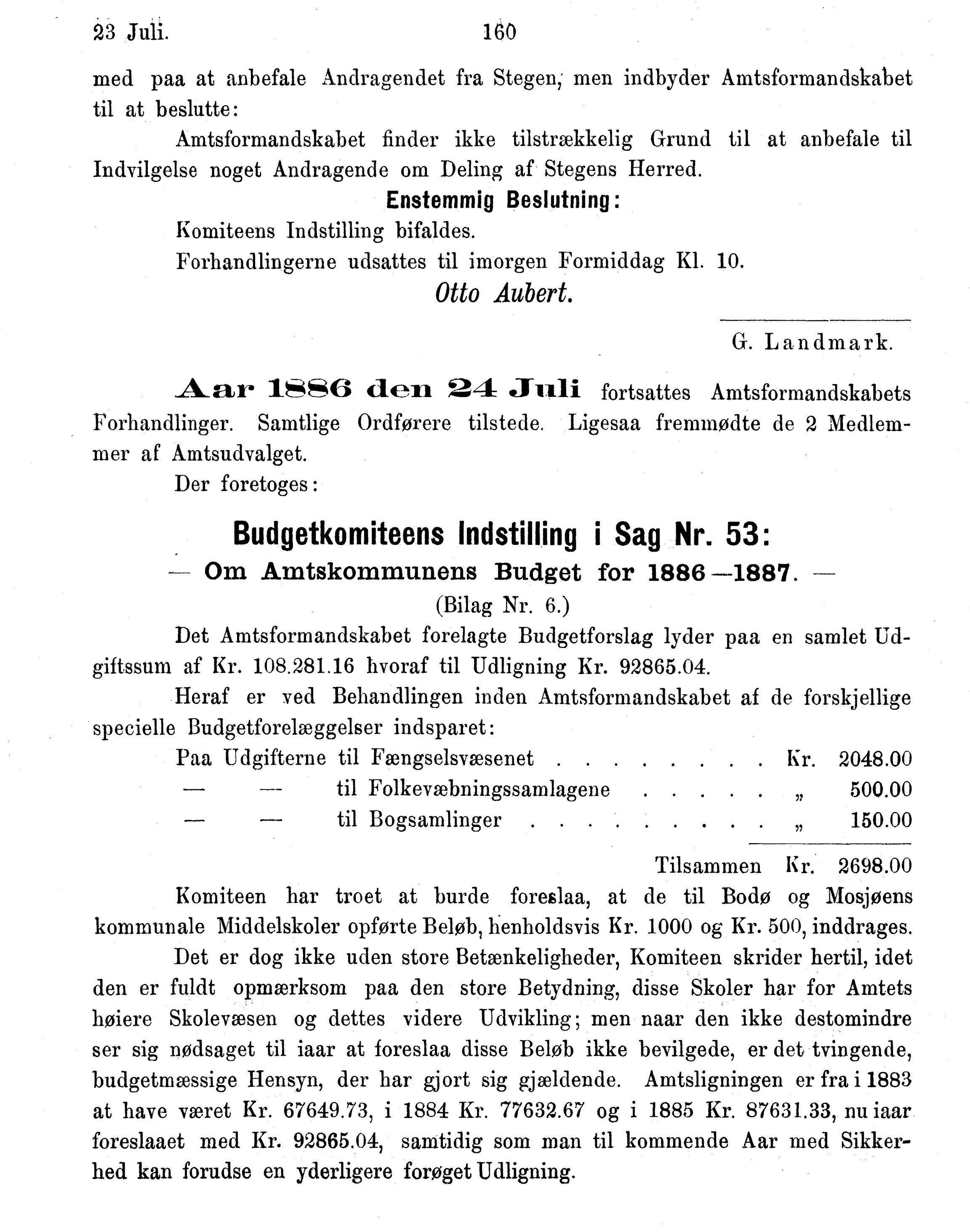Nordland Fylkeskommune. Fylkestinget, AIN/NFK-17/176/A/Ac/L0015: Fylkestingsforhandlinger 1886-1890, 1886-1890, p. 160
