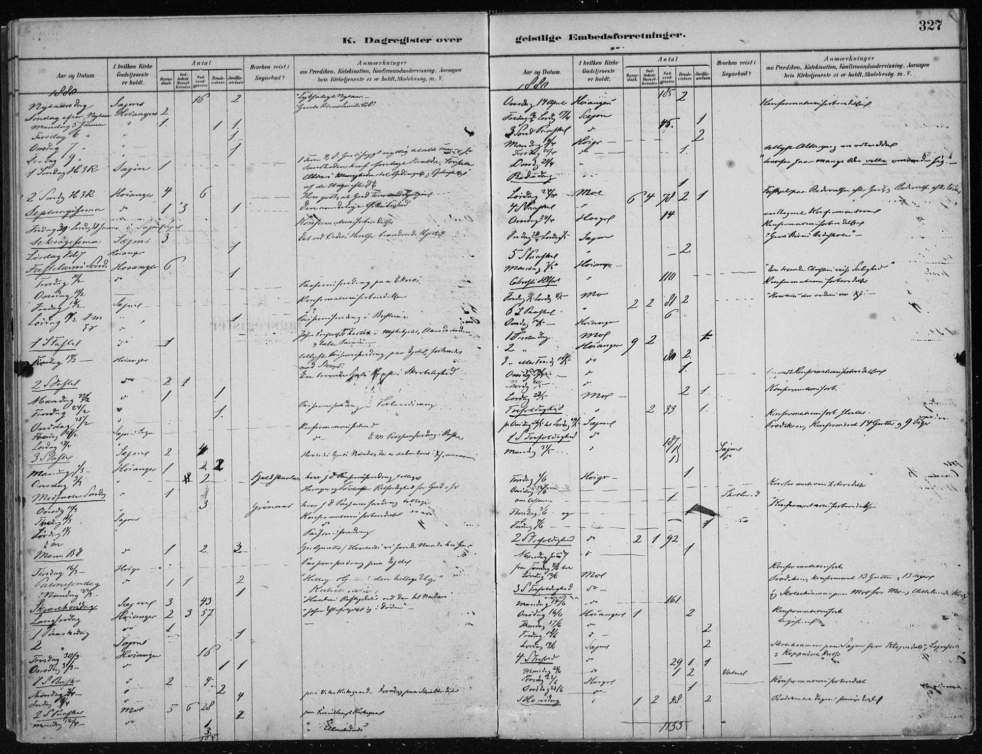 Hosanger sokneprestembete, AV/SAB-A-75801/H/Haa: Parish register (official) no. B  1, 1880-1896, p. 327