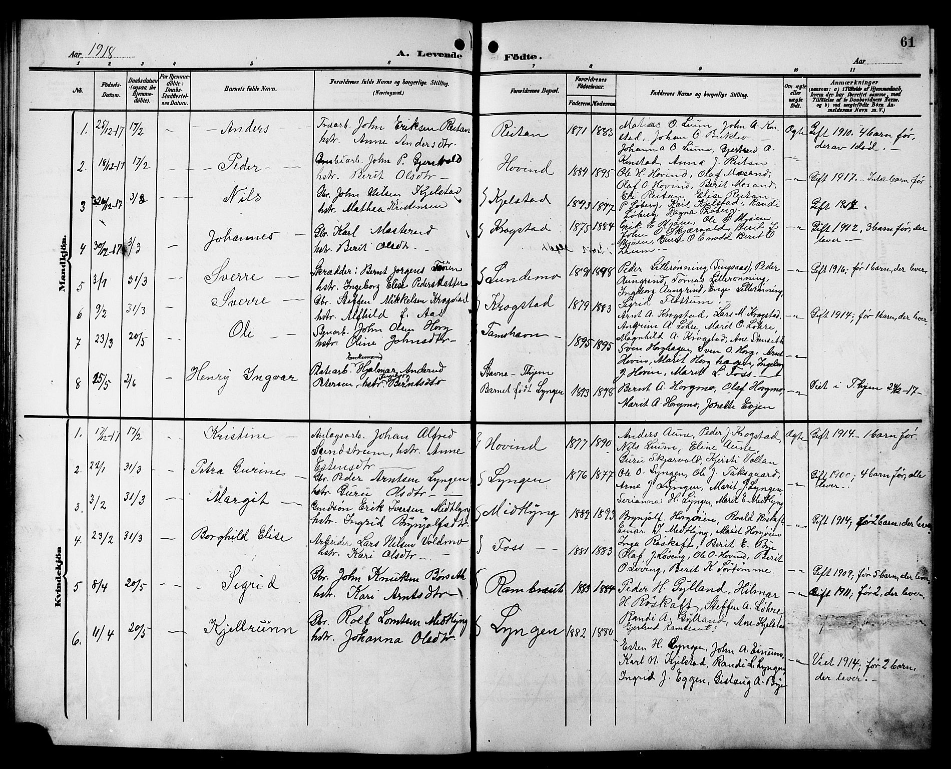 Ministerialprotokoller, klokkerbøker og fødselsregistre - Sør-Trøndelag, SAT/A-1456/692/L1112: Parish register (copy) no. 692C07, 1904-1918, p. 61