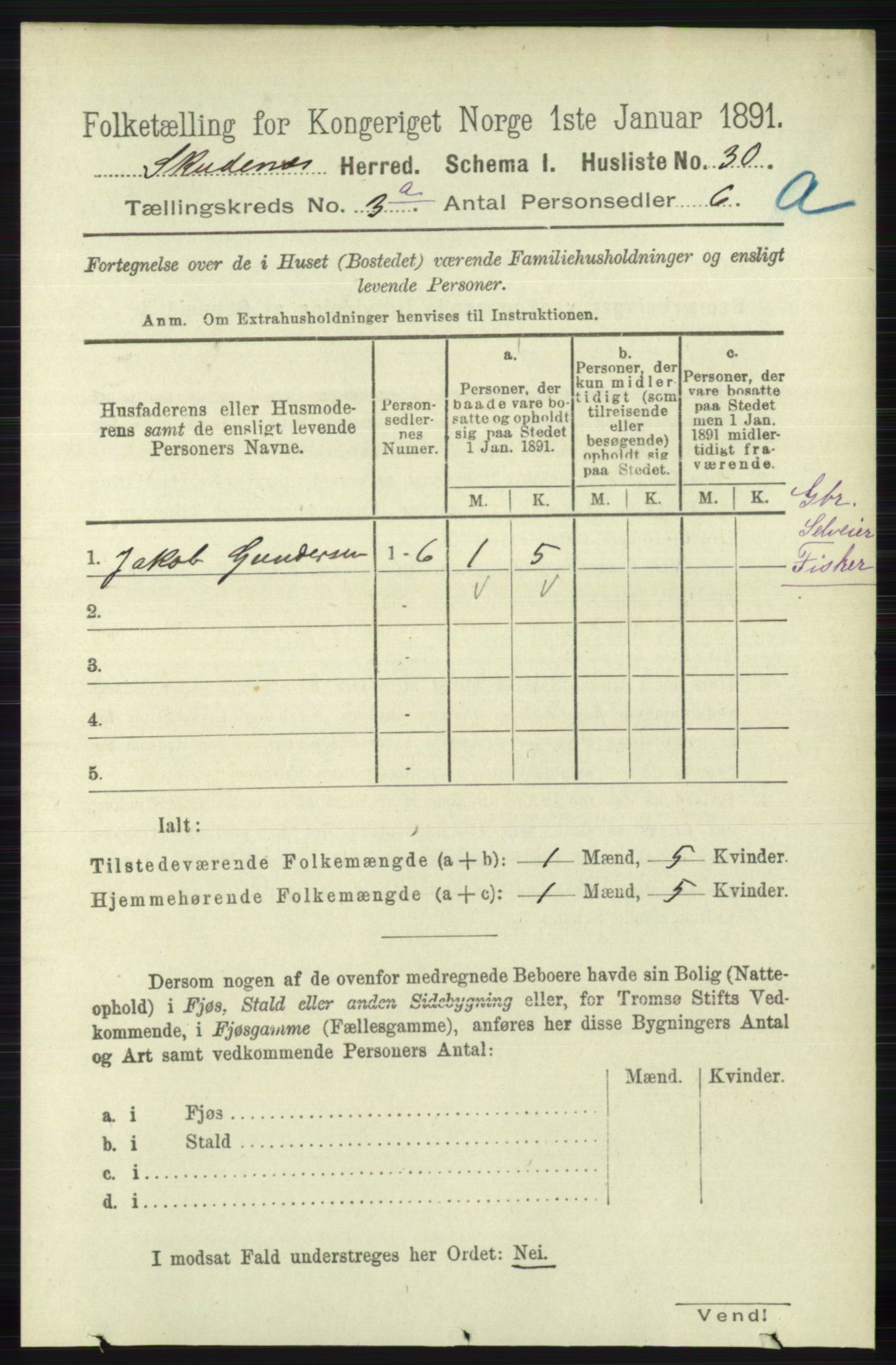 RA, 1891 census for 1150 Skudenes, 1891, p. 1360