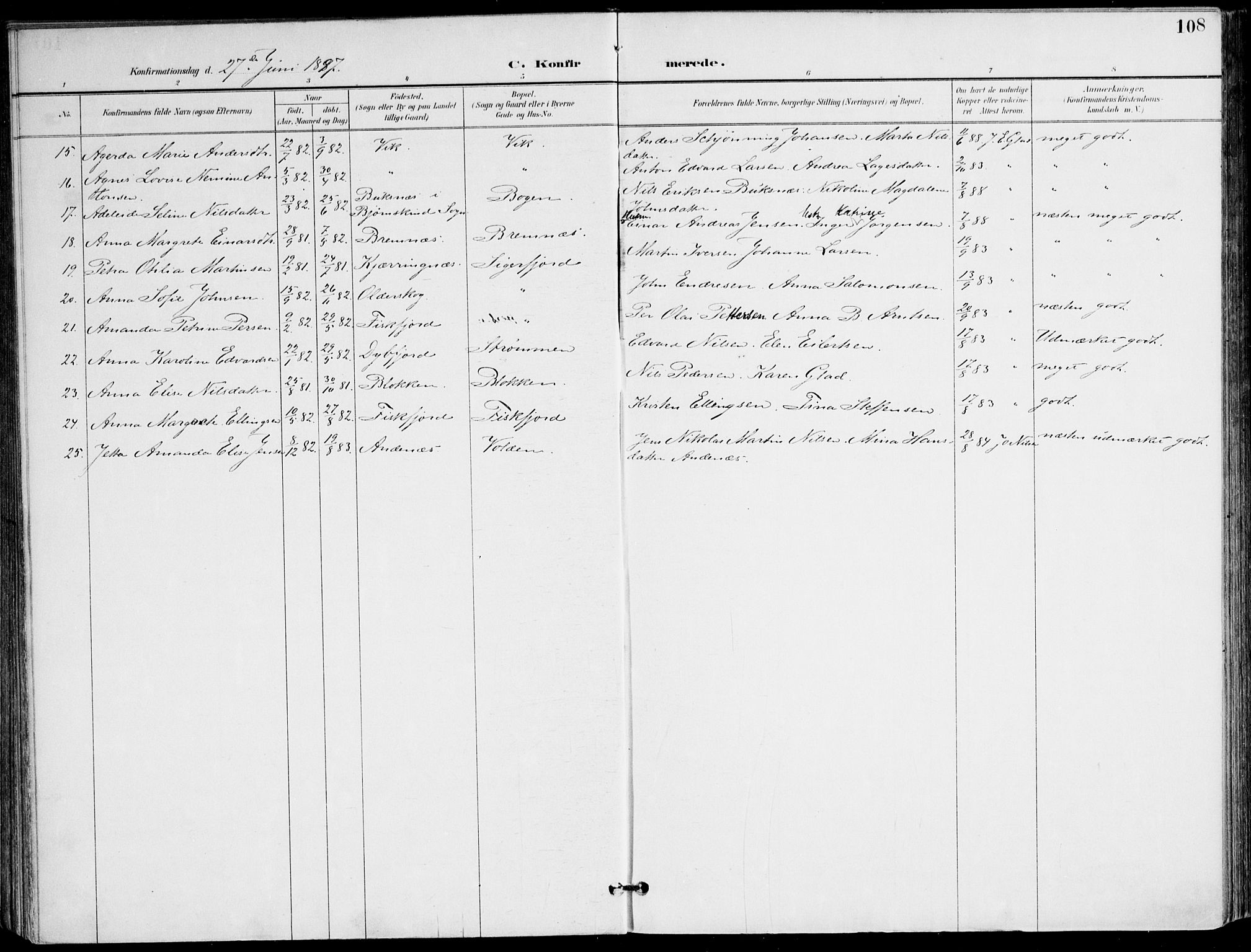 Ministerialprotokoller, klokkerbøker og fødselsregistre - Nordland, AV/SAT-A-1459/895/L1372: Parish register (official) no. 895A07, 1894-1914, p. 108