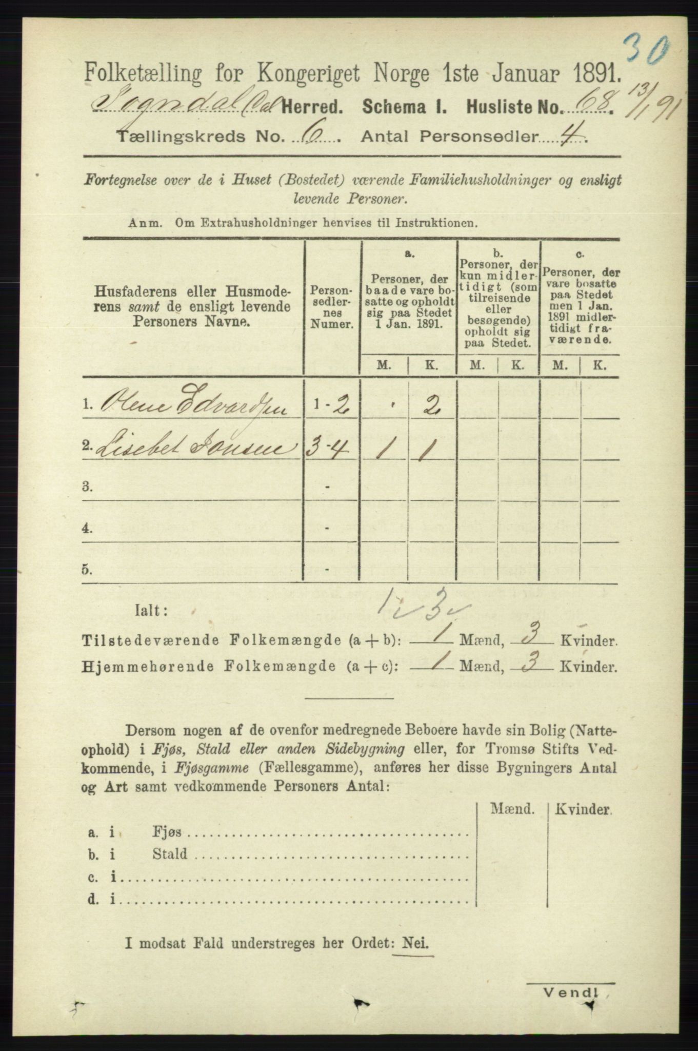 RA, 1891 census for 1111 Sokndal, 1891, p. 1637