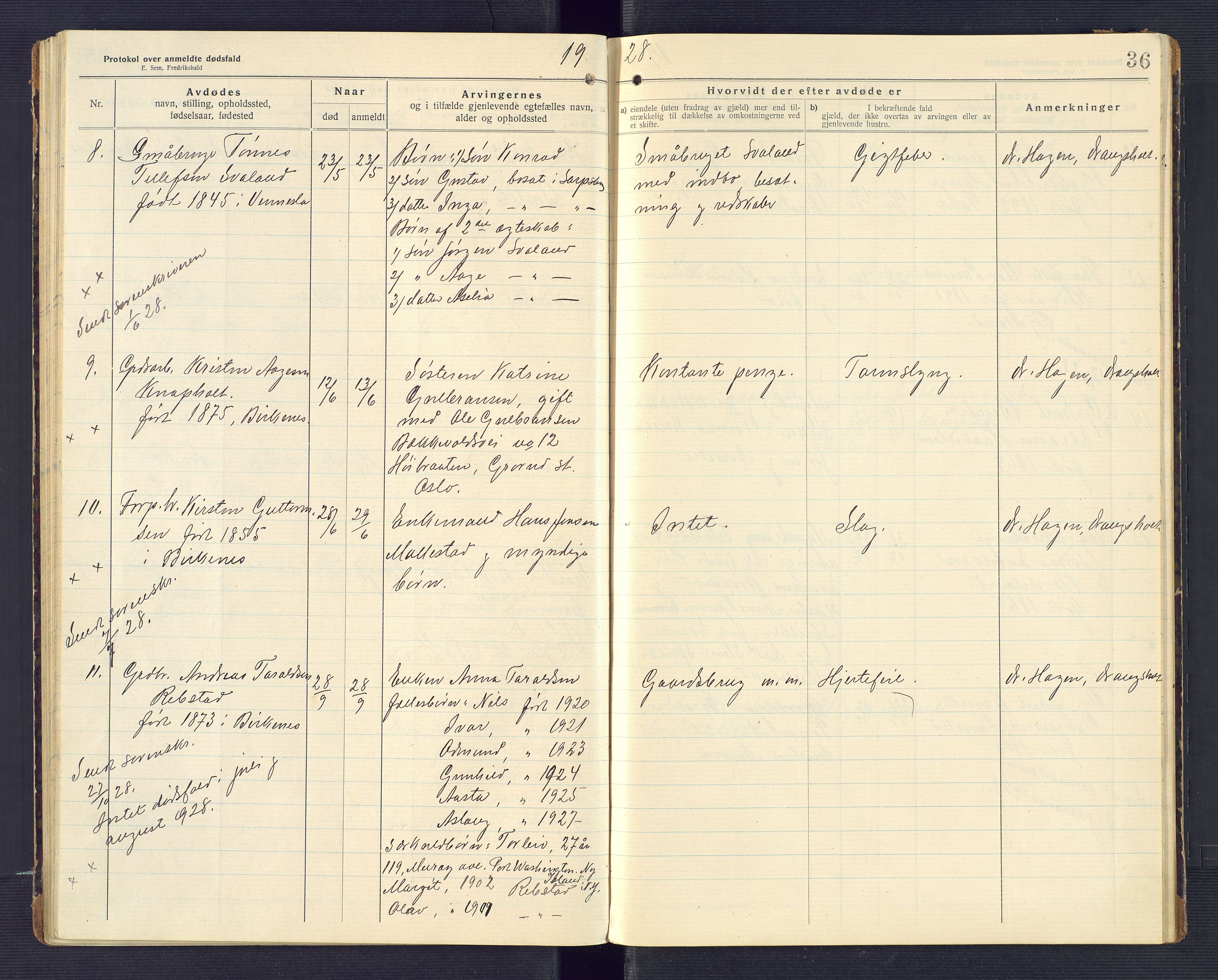 Birkenes lensmannskontor, AV/SAK-1241-0004/F/Fe/L0001/0002: Dødsfallsprotokoller / Dødsfallsprotokoll, 1920-1932, p. 36