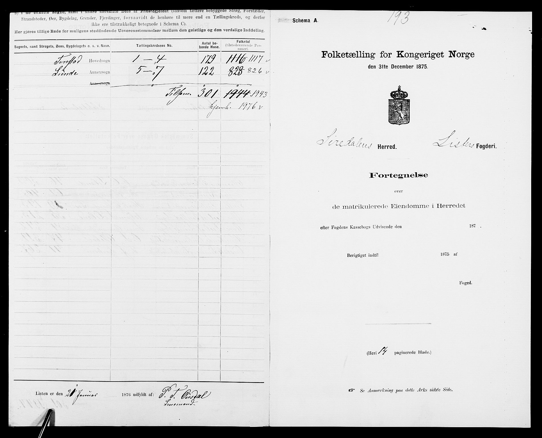 SAK, 1875 census for 1046P Sirdal, 1875, p. 3