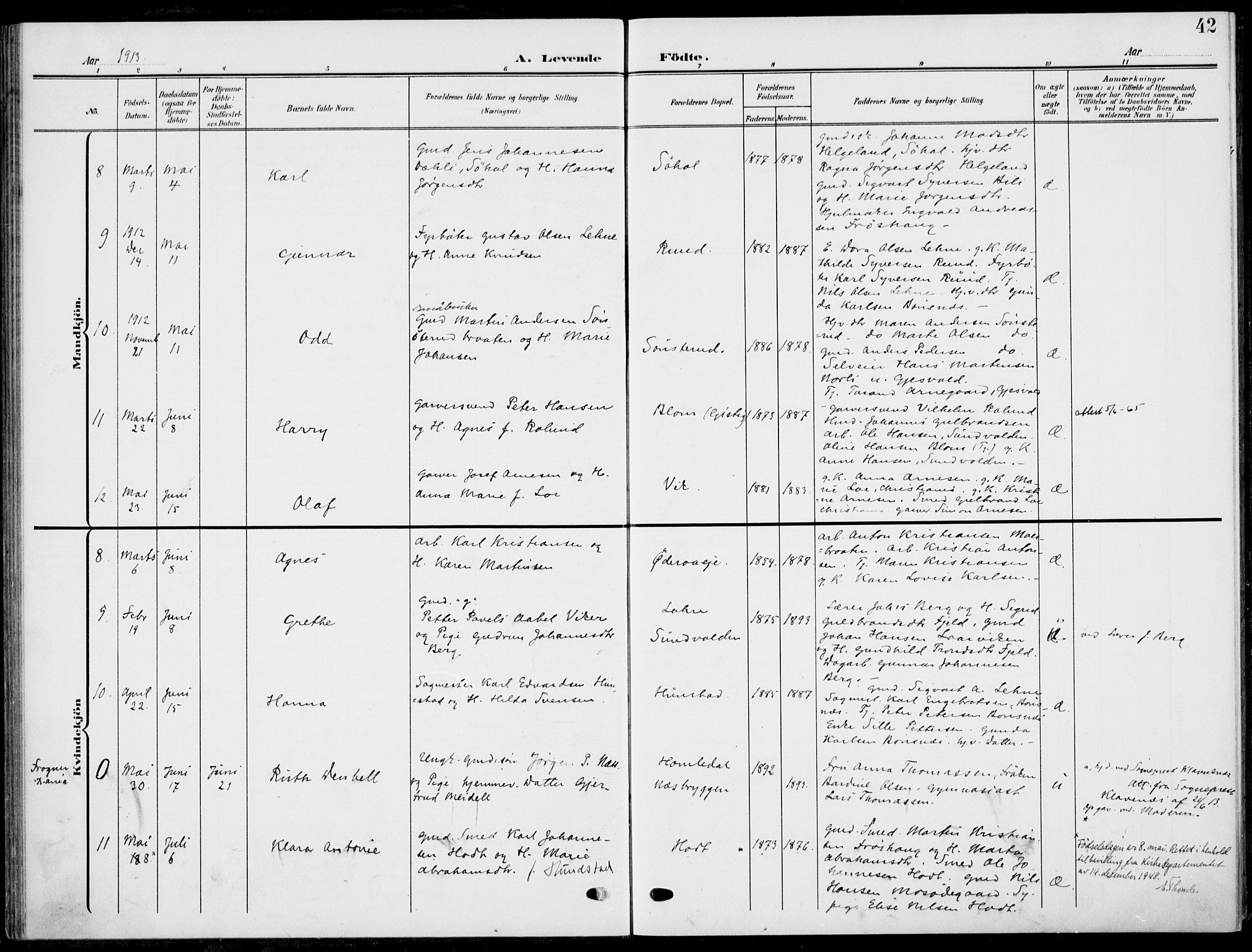 Hole kirkebøker, AV/SAKO-A-228/F/Fa/L0010: Parish register (official) no. I 10, 1907-1917, p. 42