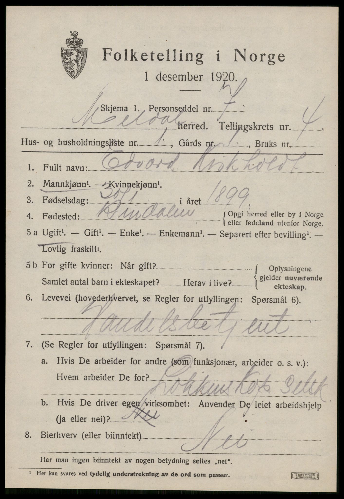 SAT, 1920 census for Meldal, 1920, p. 3643