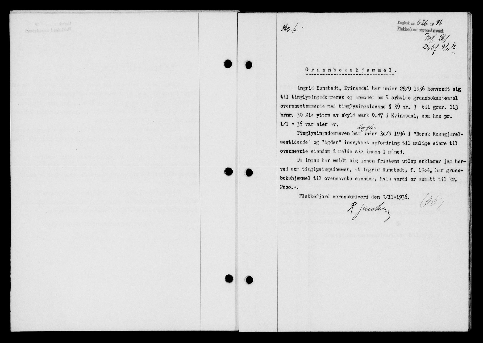 Flekkefjord sorenskriveri, SAK/1221-0001/G/Gb/Gba/L0053: Mortgage book no. A-1, 1936-1937, Diary no: : 626/1936