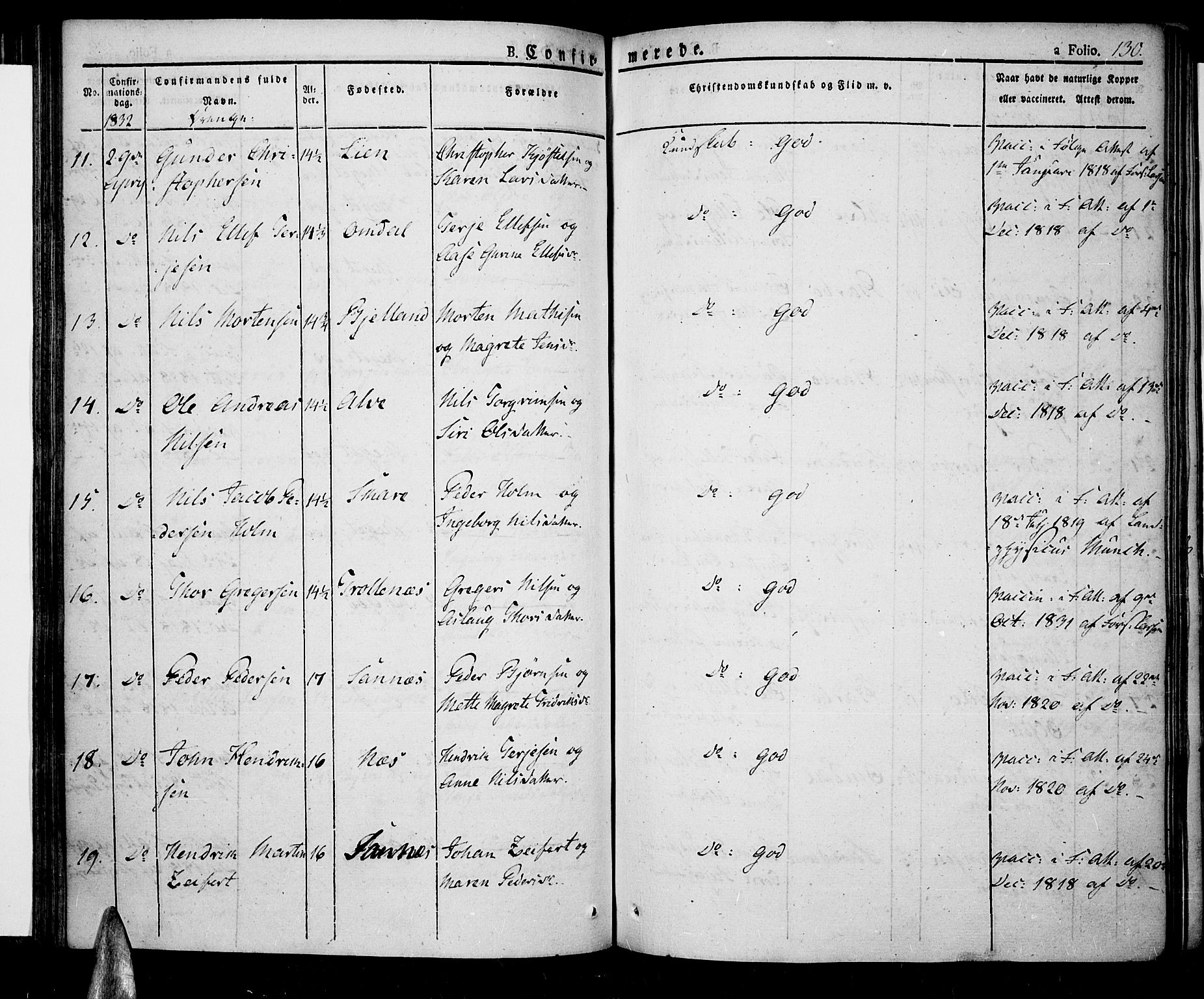 Tromøy sokneprestkontor, SAK/1111-0041/F/Fa/L0003: Parish register (official) no. A 3, 1825-1837, p. 130