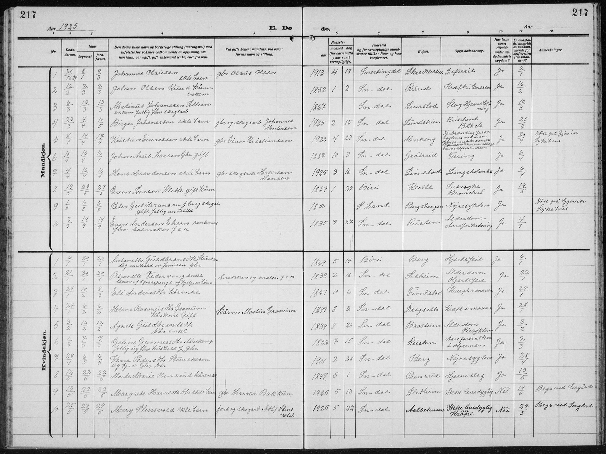 Biri prestekontor, SAH/PREST-096/H/Ha/Hab/L0007: Parish register (copy) no. 7, 1919-1941, p. 217