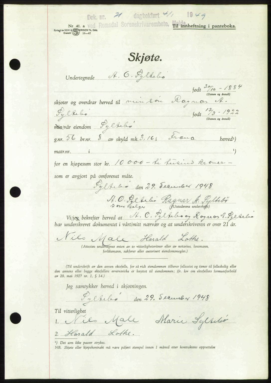 Romsdal sorenskriveri, AV/SAT-A-4149/1/2/2C: Mortgage book no. A28, 1948-1949, Diary no: : 21/1949