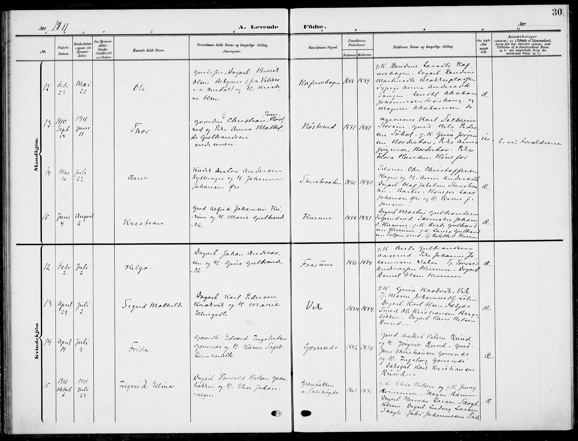 Hole kirkebøker, AV/SAKO-A-228/F/Fa/L0010: Parish register (official) no. I 10, 1907-1917, p. 30