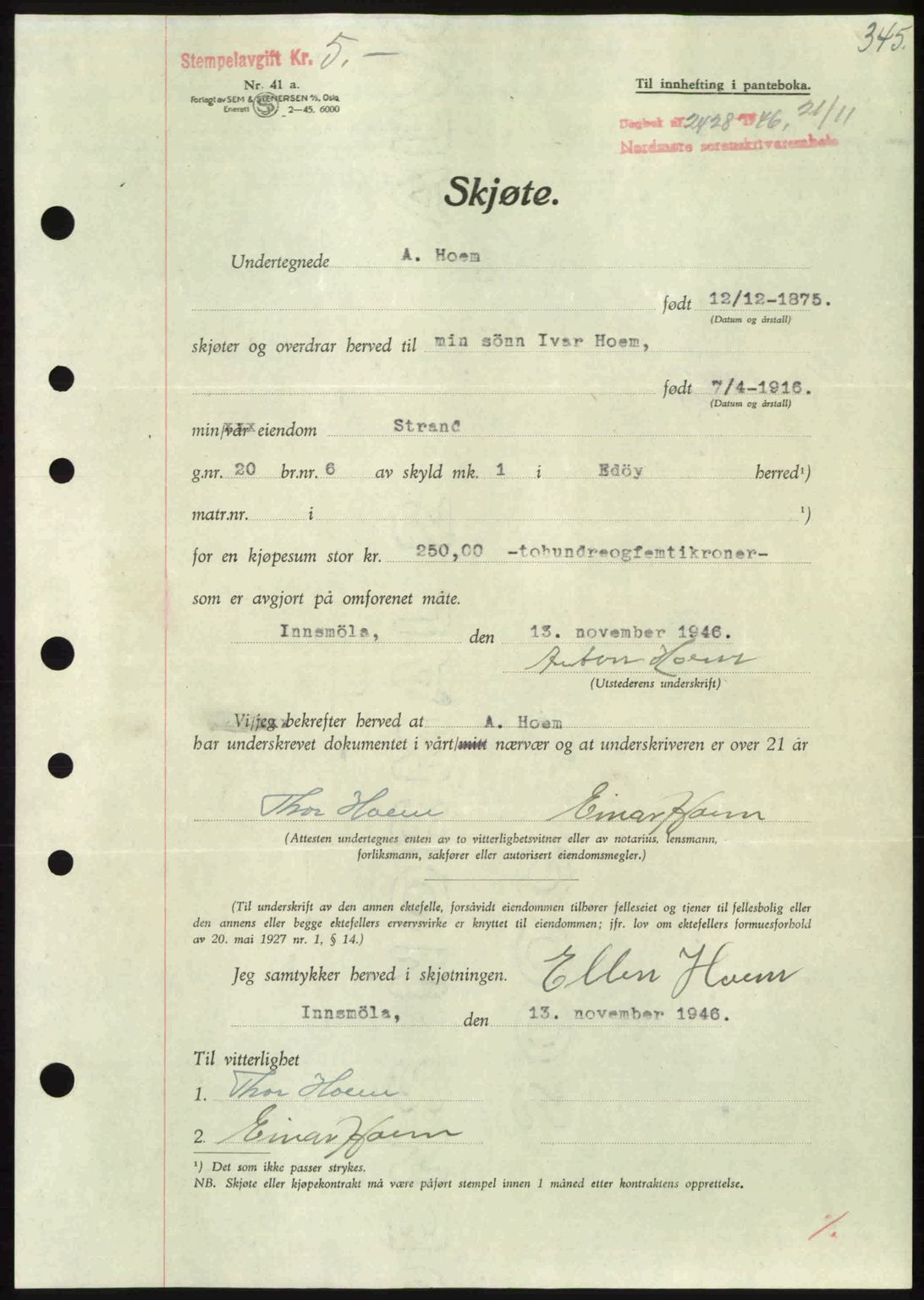 Nordmøre sorenskriveri, AV/SAT-A-4132/1/2/2Ca: Mortgage book no. A103, 1946-1947, Diary no: : 2428/1946