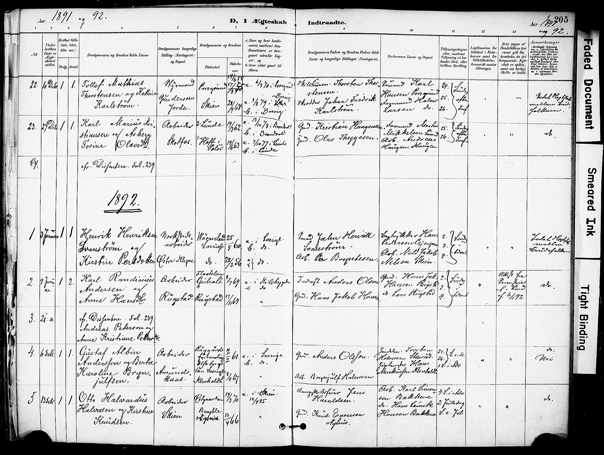 Solum kirkebøker, AV/SAKO-A-306/F/Fa/L0010: Parish register (official) no. I 10, 1888-1898, p. 205