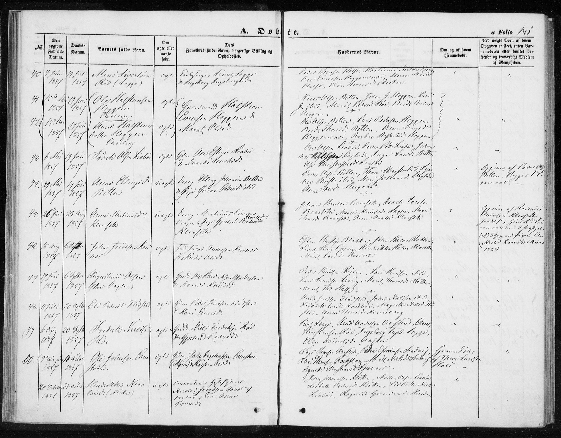 Ministerialprotokoller, klokkerbøker og fødselsregistre - Møre og Romsdal, AV/SAT-A-1454/576/L0883: Parish register (official) no. 576A01, 1849-1865, p. 141