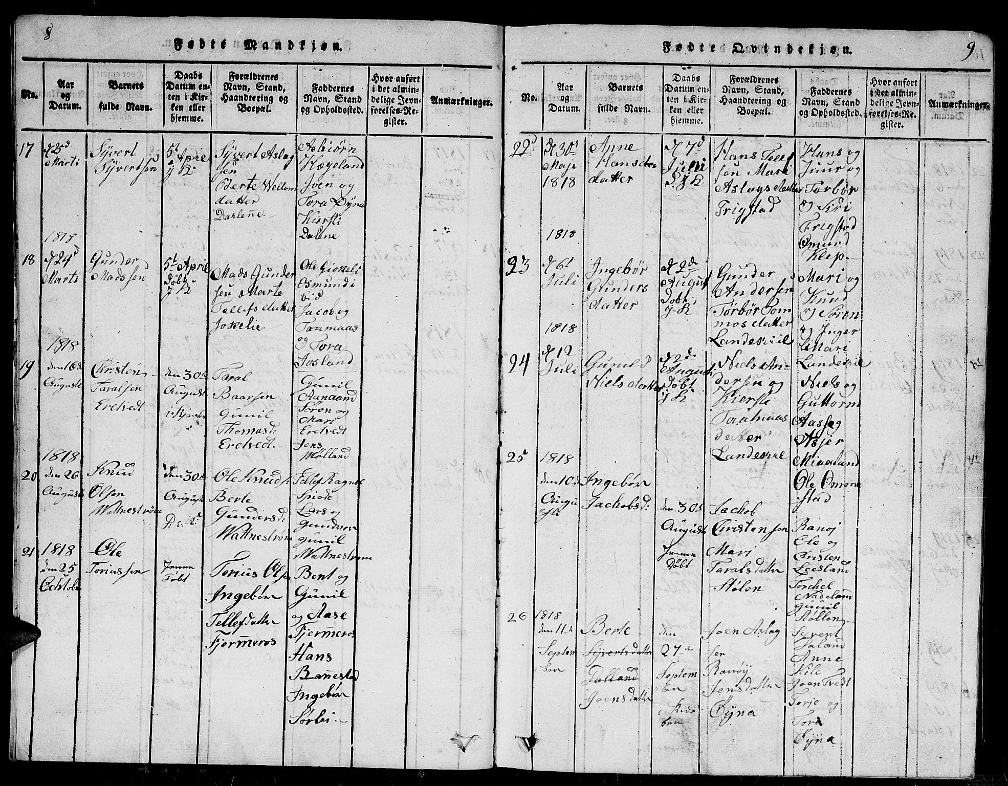 Evje sokneprestkontor, SAK/1111-0008/F/Fb/Fbc/L0001: Parish register (copy) no. B 1, 1816-1836, p. 8-9