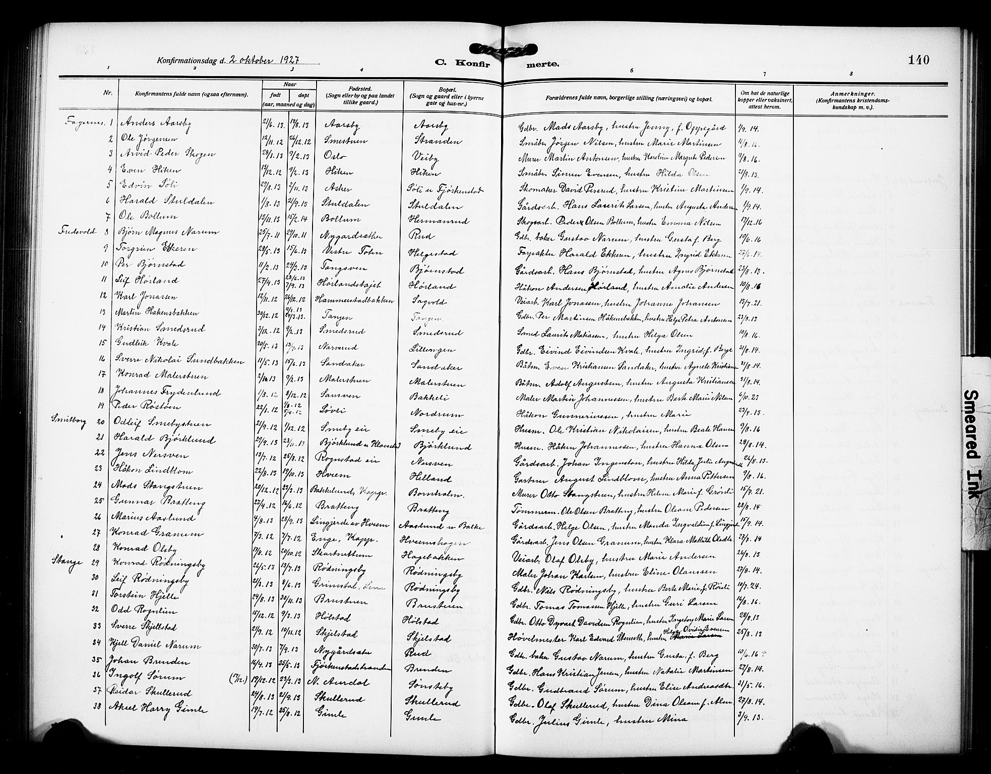 Østre Toten prestekontor, SAH/PREST-104/H/Ha/Hab/L0008: Parish register (copy) no. 8, 1913-1929, p. 140