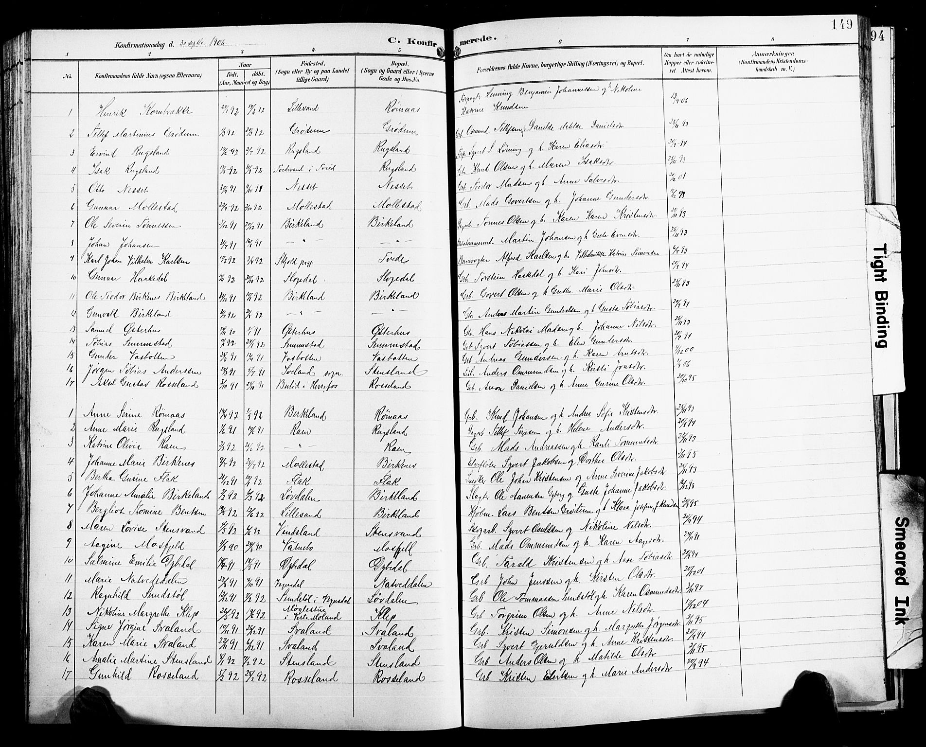 Birkenes sokneprestkontor, SAK/1111-0004/F/Fb/L0004: Parish register (copy) no. B 4, 1893-1930, p. 149