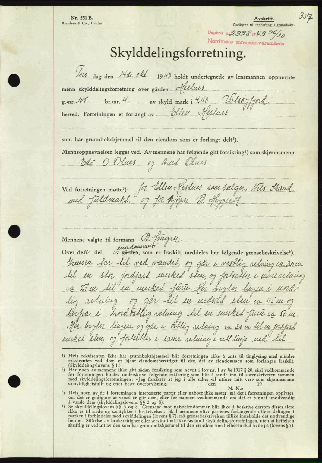 Nordmøre sorenskriveri, SAT/A-4132/1/2/2Ca: Mortgage book no. A96, 1943-1944, Diary no: : 2328/1943