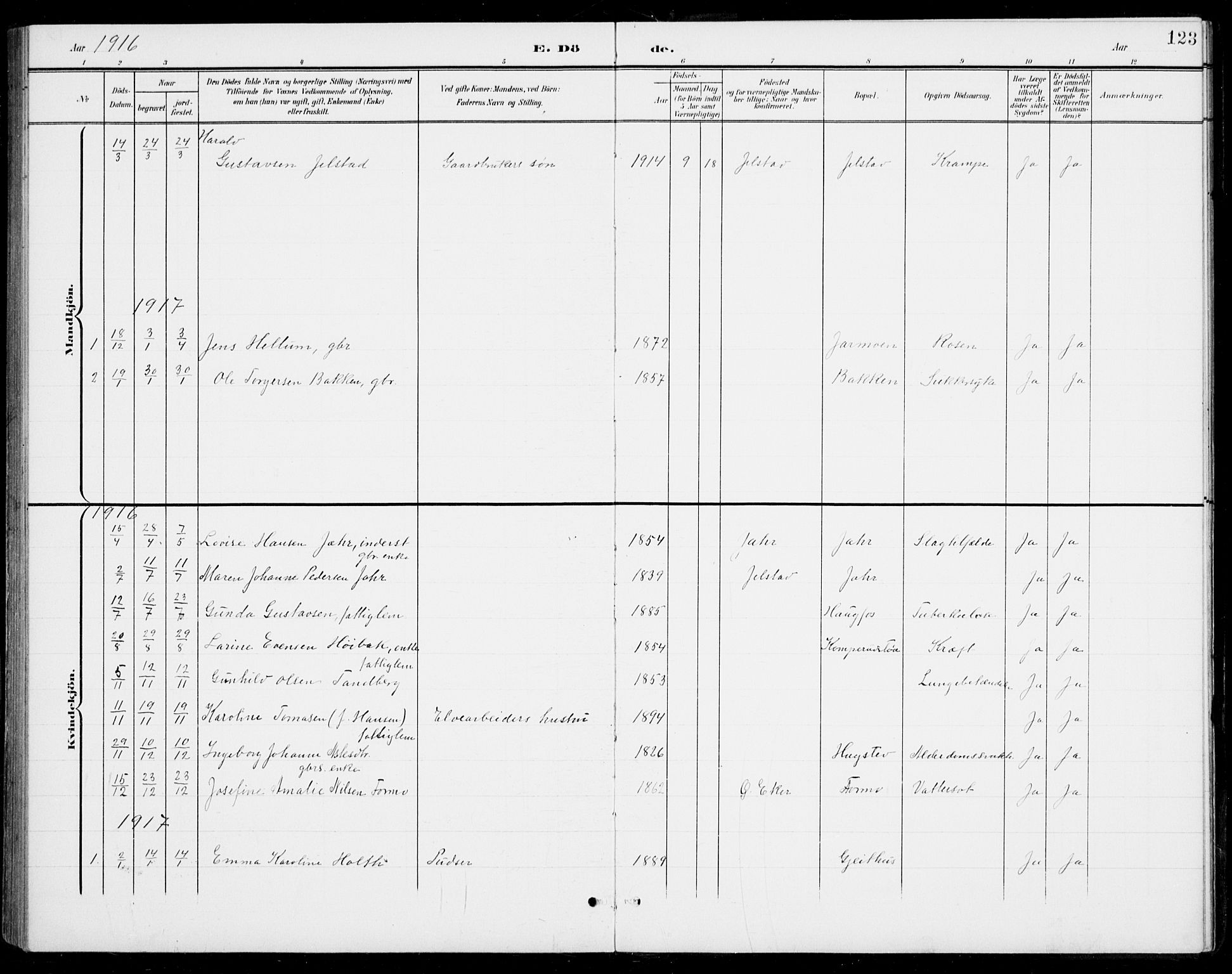 Modum kirkebøker, SAKO/A-234/G/Gb/L0001: Parish register (copy) no. II 1, 1901-1942, p. 123