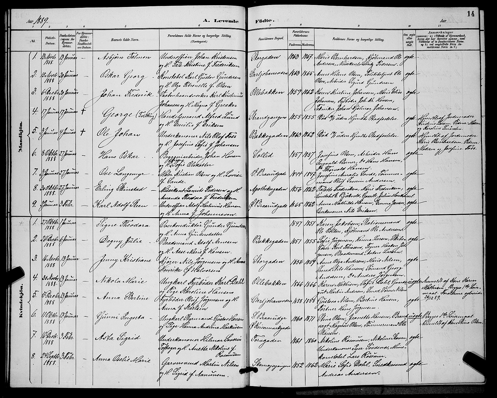 Horten kirkebøker, SAKO/A-348/G/Ga/L0005: Parish register (copy) no. 5, 1888-1895, p. 14