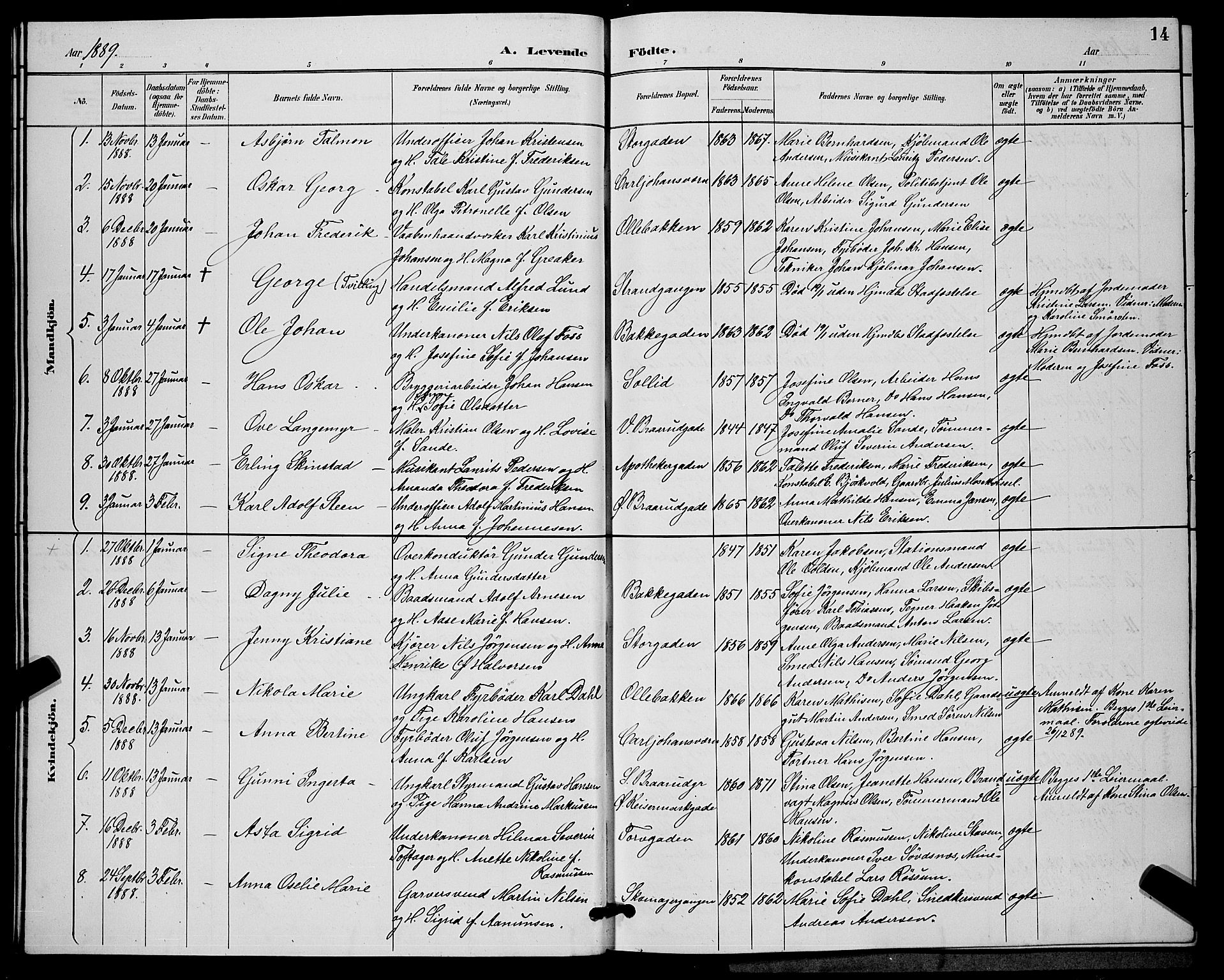 Horten kirkebøker, AV/SAKO-A-348/G/Ga/L0005: Parish register (copy) no. 5, 1888-1895, p. 14
