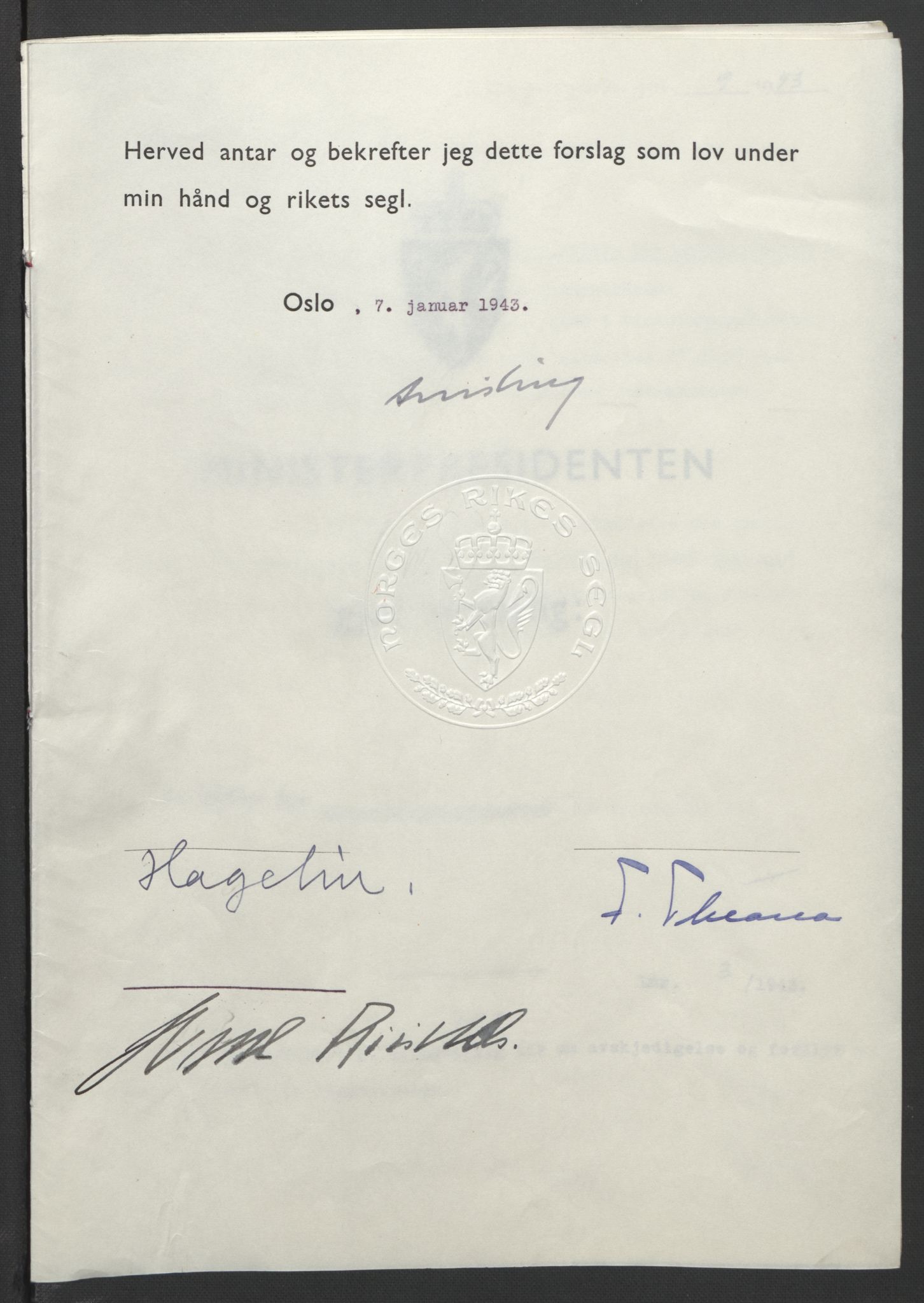 NS-administrasjonen 1940-1945 (Statsrådsekretariatet, de kommisariske statsråder mm), AV/RA-S-4279/D/Db/L0099: Lover, 1943, p. 17