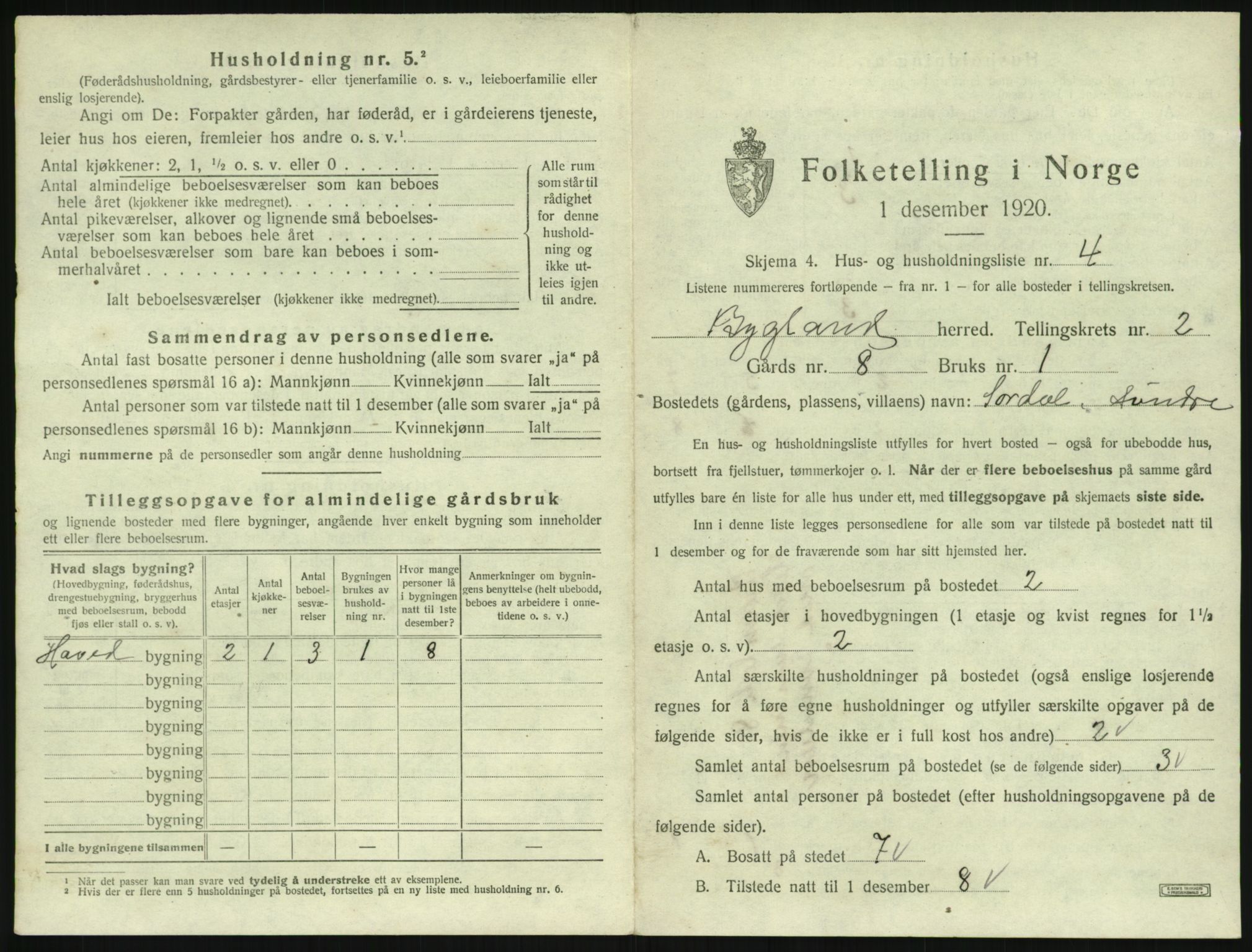 SAK, 1920 census for Bygland, 1920, p. 113