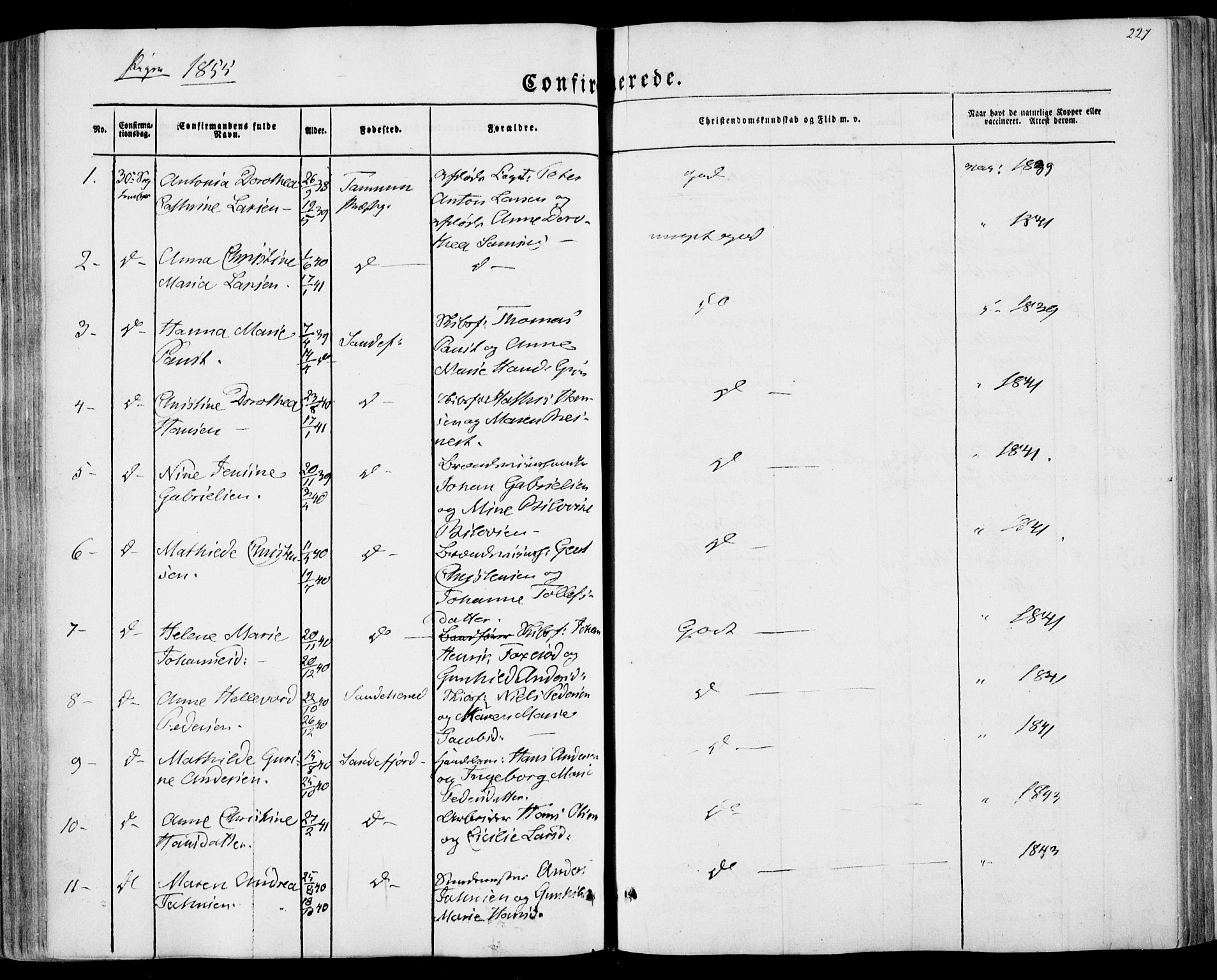Sandar kirkebøker, SAKO/A-243/F/Fa/L0007: Parish register (official) no. 7, 1855-1861, p. 227