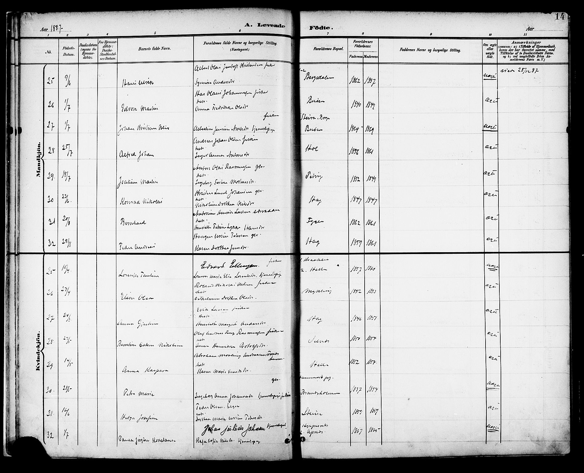 Ministerialprotokoller, klokkerbøker og fødselsregistre - Nordland, AV/SAT-A-1459/882/L1179: Parish register (official) no. 882A01, 1886-1898, p. 14