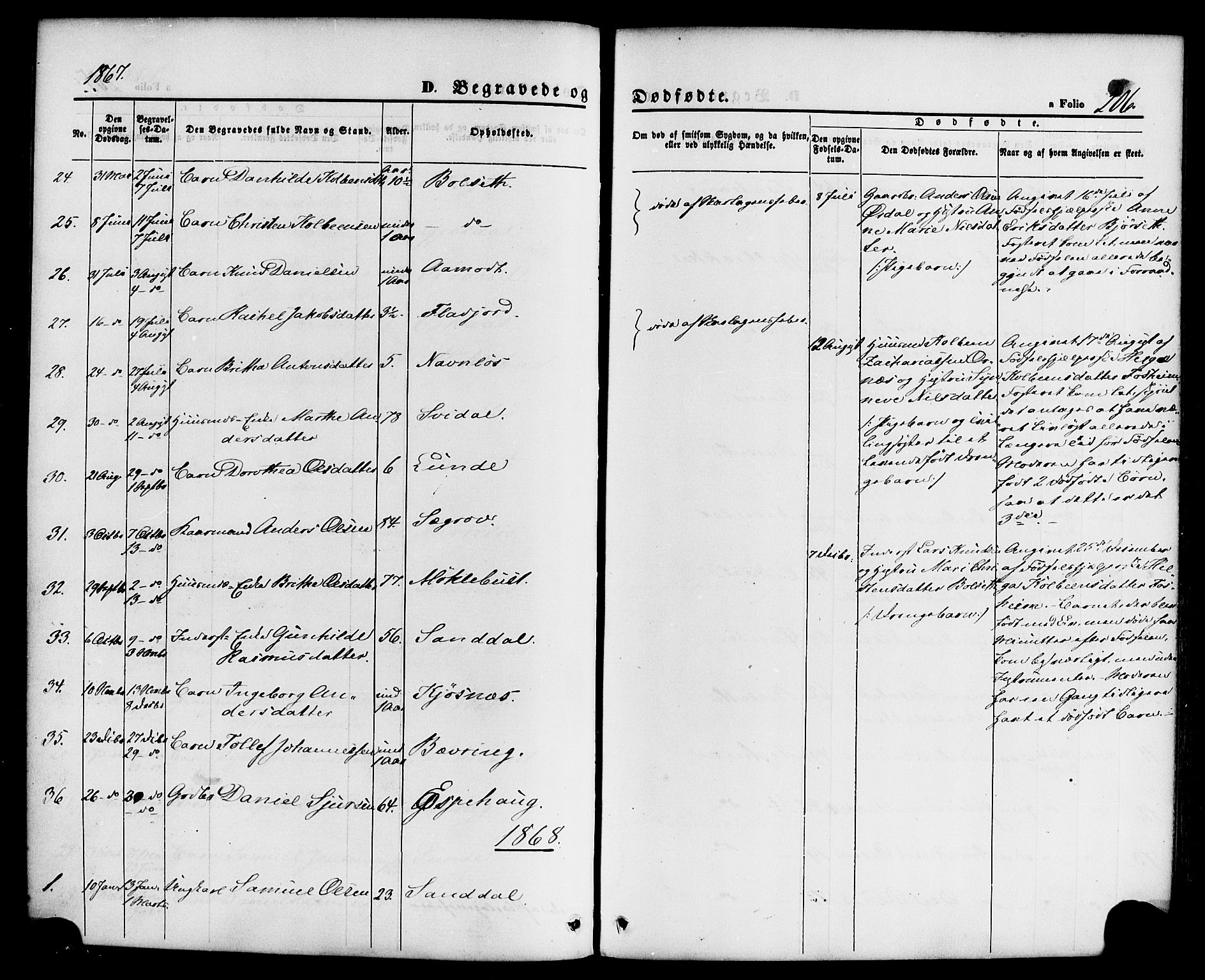 Jølster sokneprestembete, SAB/A-80701/H/Haa/Haaa/L0011: Parish register (official) no. A 11, 1866-1881, p. 206