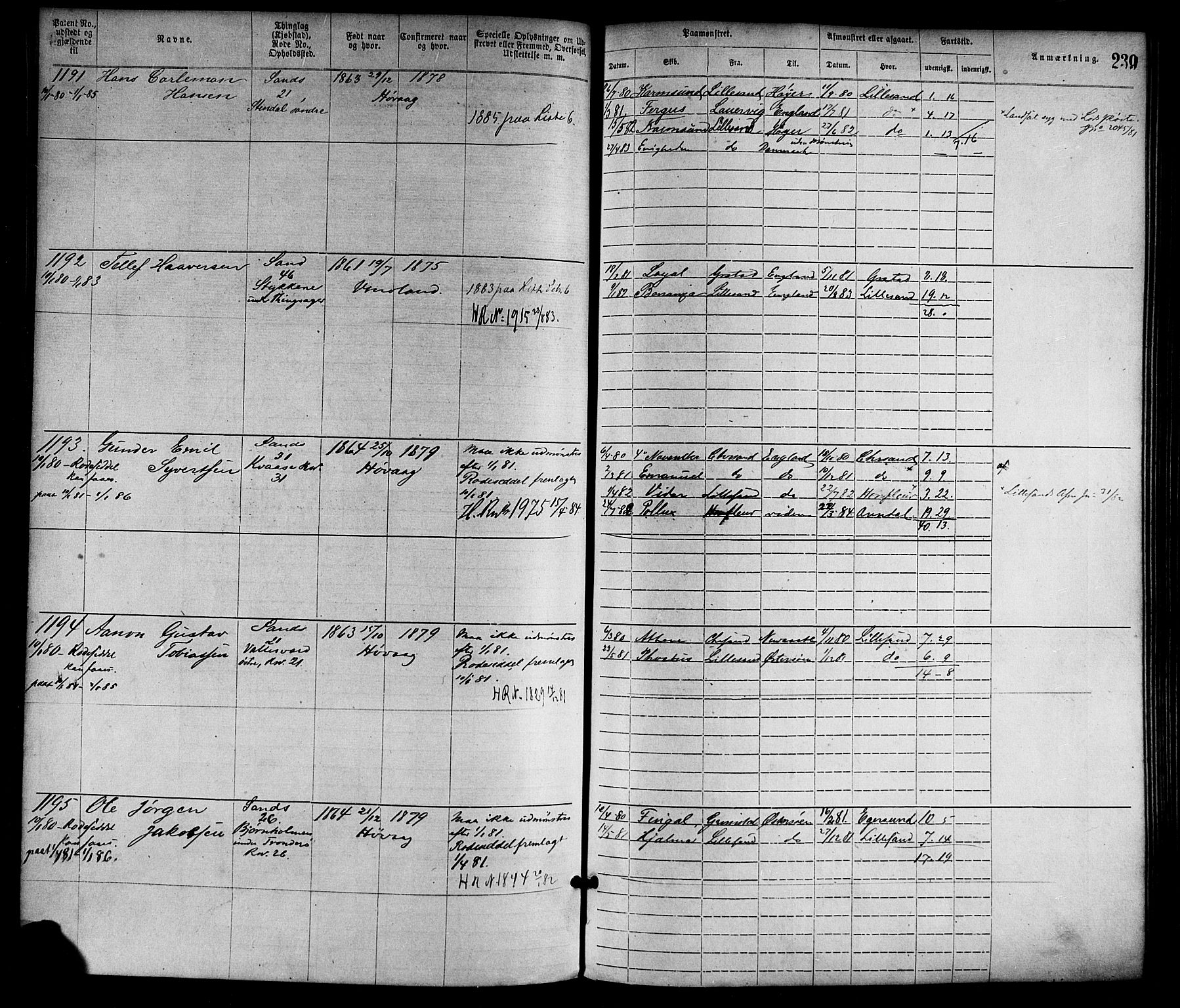 Lillesand mønstringskrets, SAK/2031-0014/F/Fa/L0004: Annotasjonsrulle nr 1-1920 med register, G-1, 1869-1891, p. 265